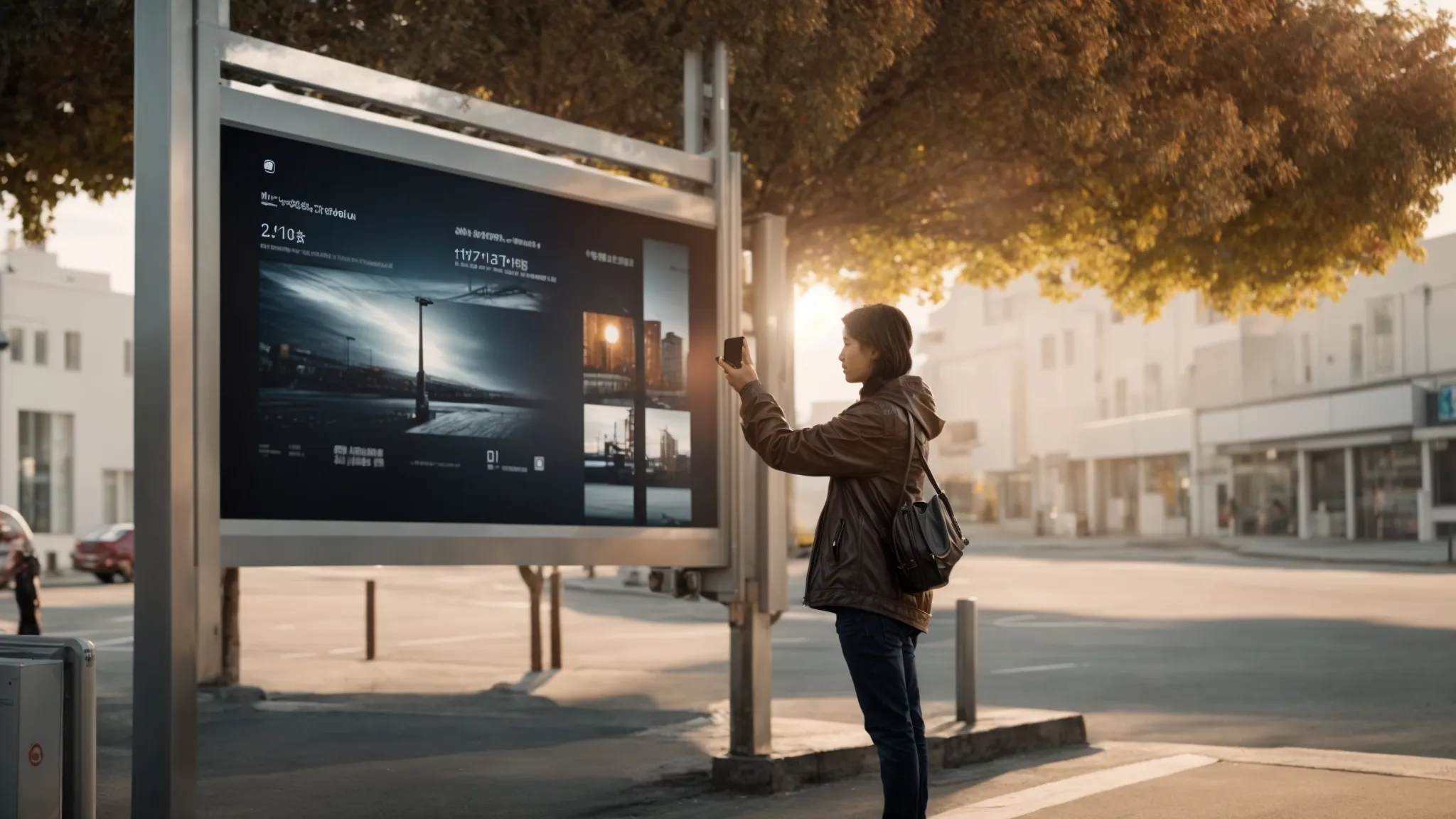 a person pointing a smartphone at a plain billboard, which through the screen displays a vivid, interactive ad blending with the surroundings.