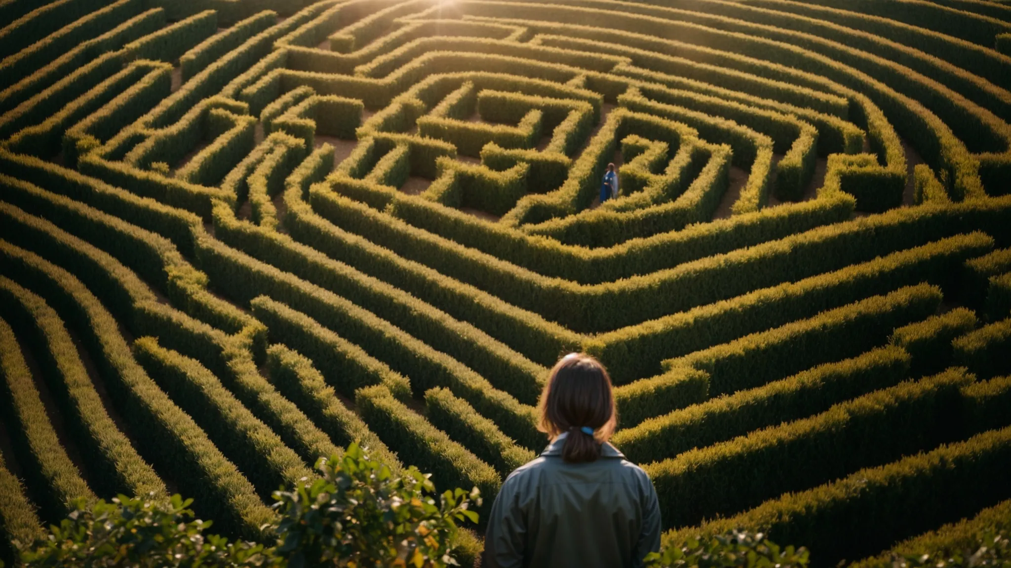 a person stands at the entrance of a maze, looking towards various paths illuminated under the sunlight, with fields ready for sowing visible beyond.