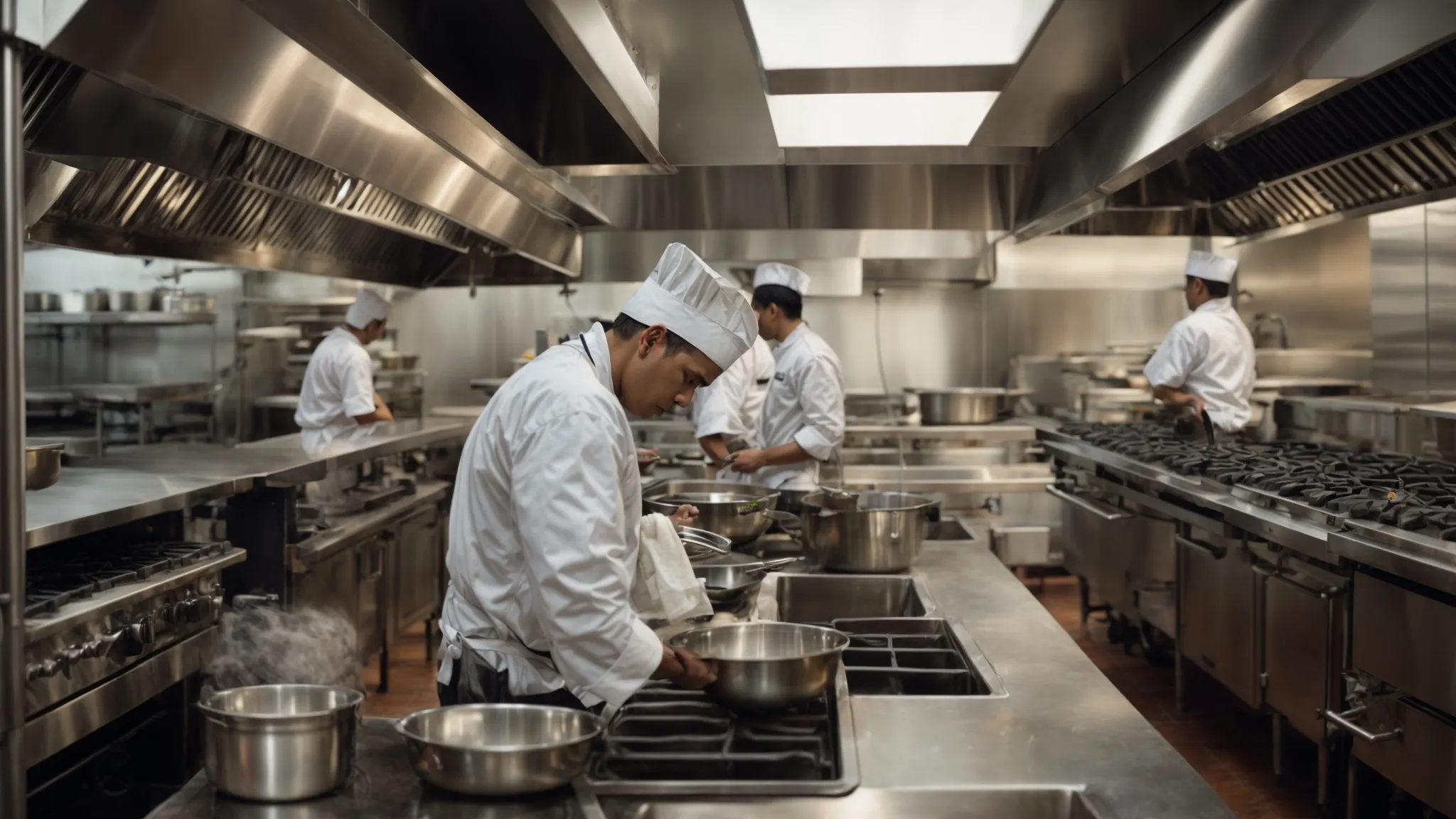 a kitchen crew works together to scrub and maintain a large, industrial stove and exhaust hood in a brightly lit restaurant kitchen, embodying dedication to environmental sustainability in the hospitality sector.