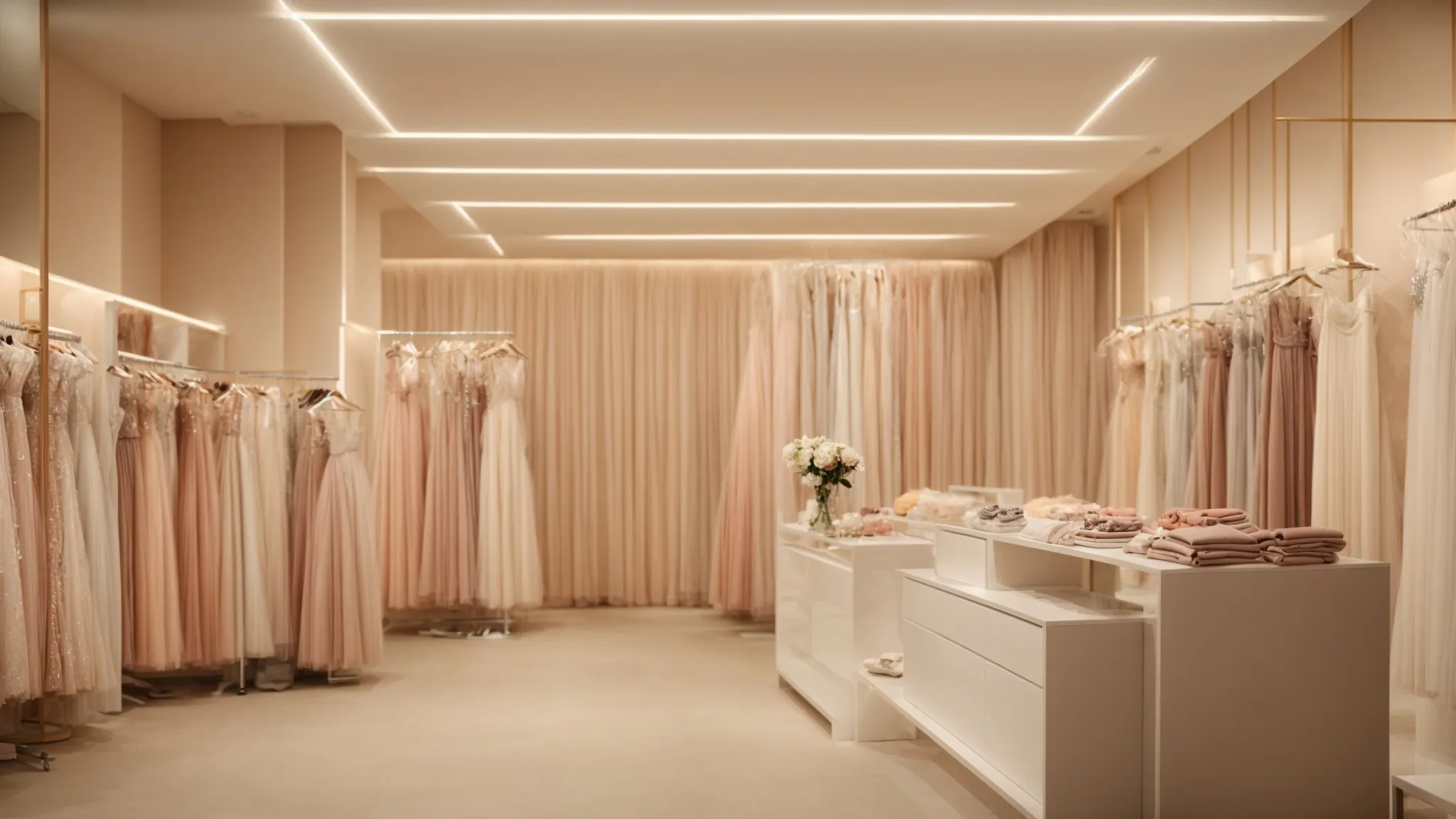 a lavish fashion boutique, bathed in soft lighting, showcases elegant dresses on minimalist stands against a backdrop of neutral colors.