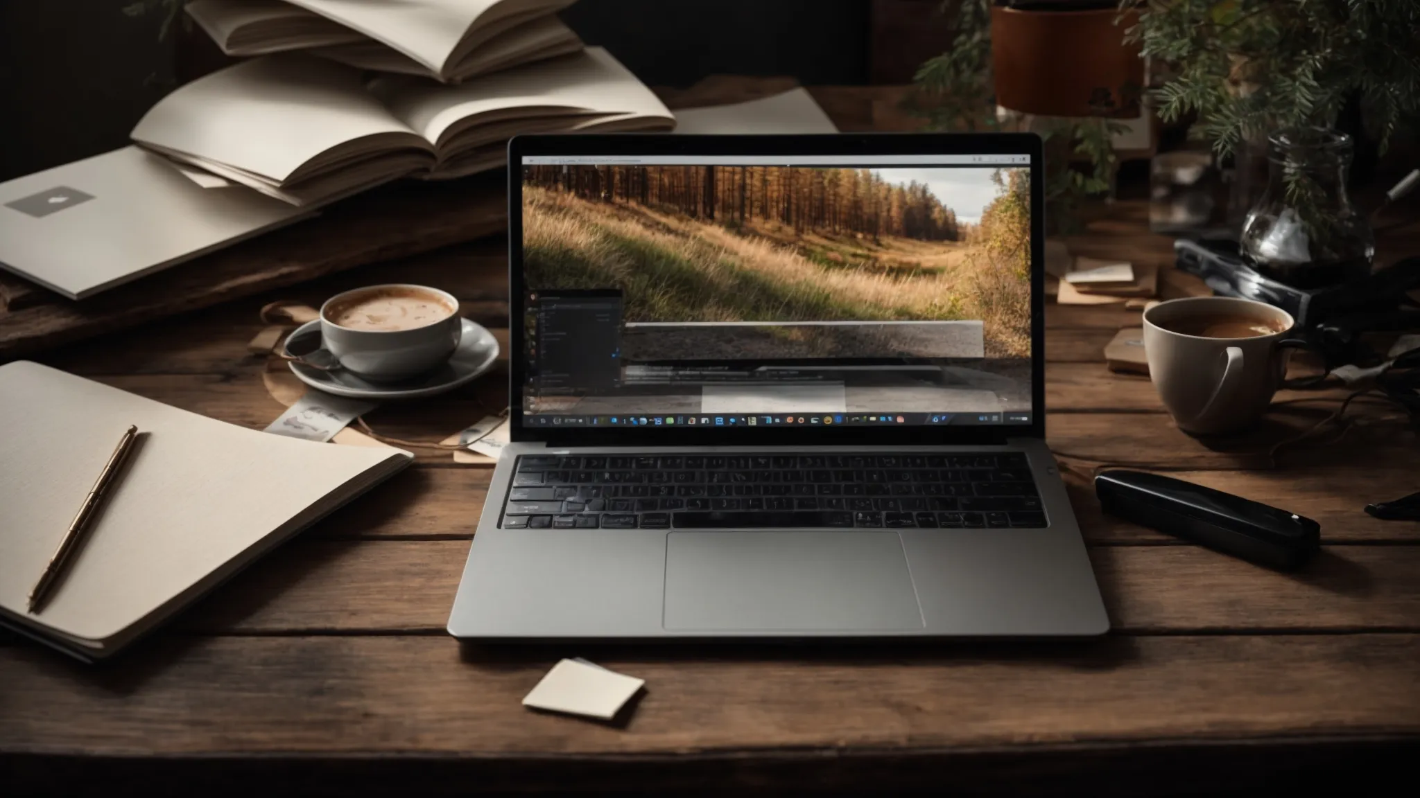 a wide-open laptop with a blank screen sits on a rustic wooden desk surrounded by scattered notes and sketches, symbolizing the beginning of a creative web development project.