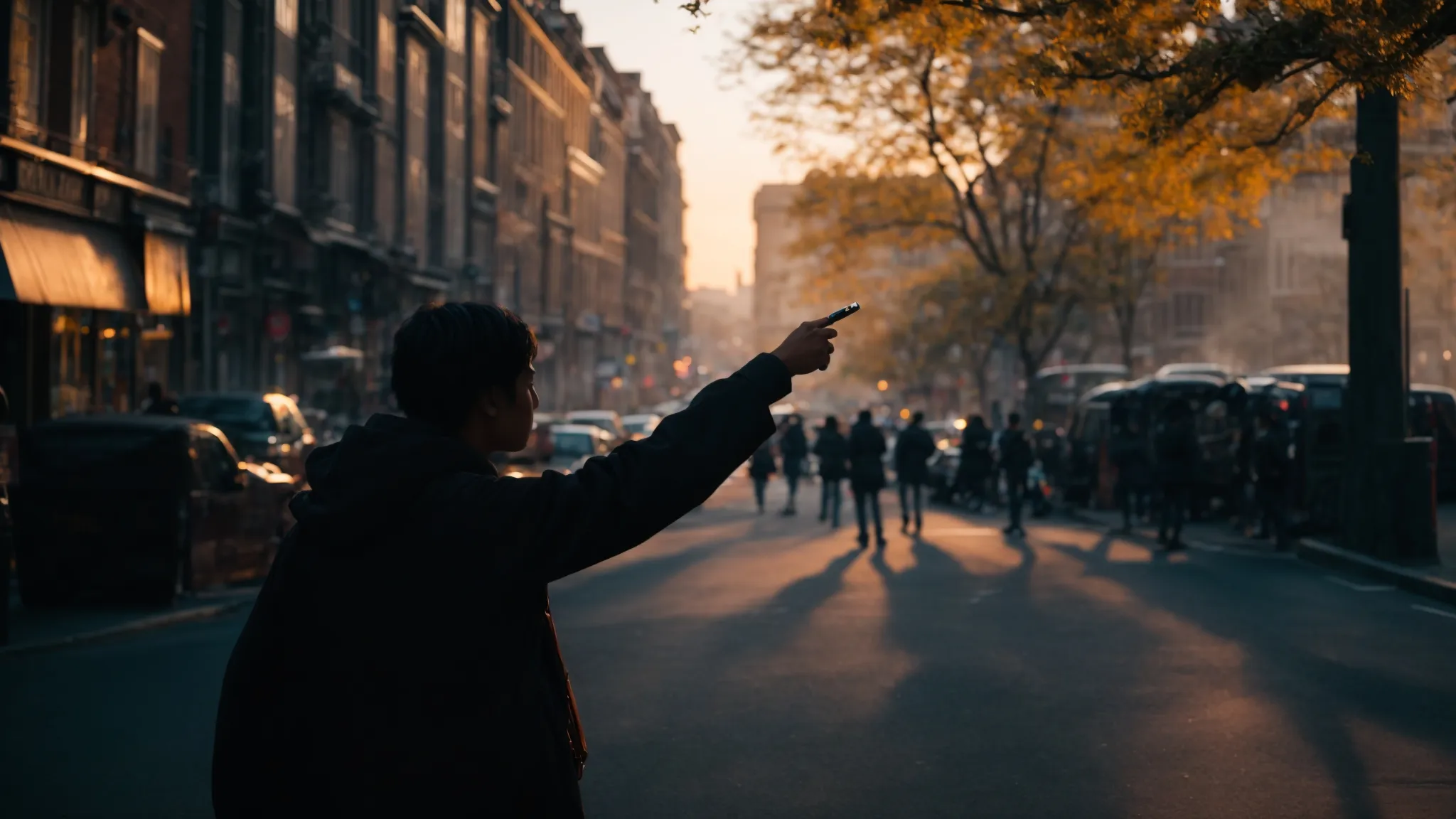 a silhouette of a person pointing a camera towards a vibrant, bustling street scene at dusk, capturing the essence of urban life.