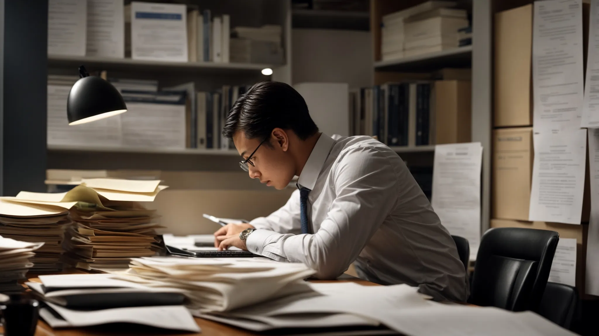 a focused individual sitting at a desk surrounded by documents, deeply absorbed in drafting a resume on a computer.