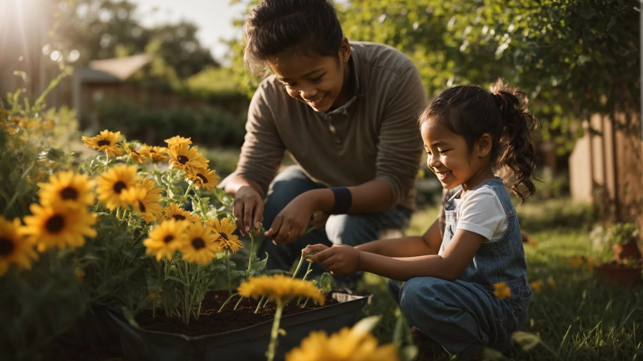 a parent and a kindergartener smiling together as they plant a flower in the garden, the sun shining gently over them.