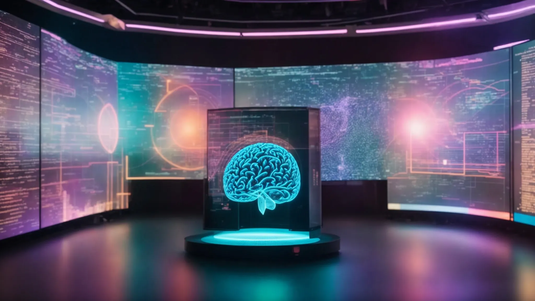 a broad, sunlit room filled with large screens displaying colorful graphs and ai interfaces, where a futuristic hologram of a brain pulses in the center, symbolizing the blend of creativity and technology.