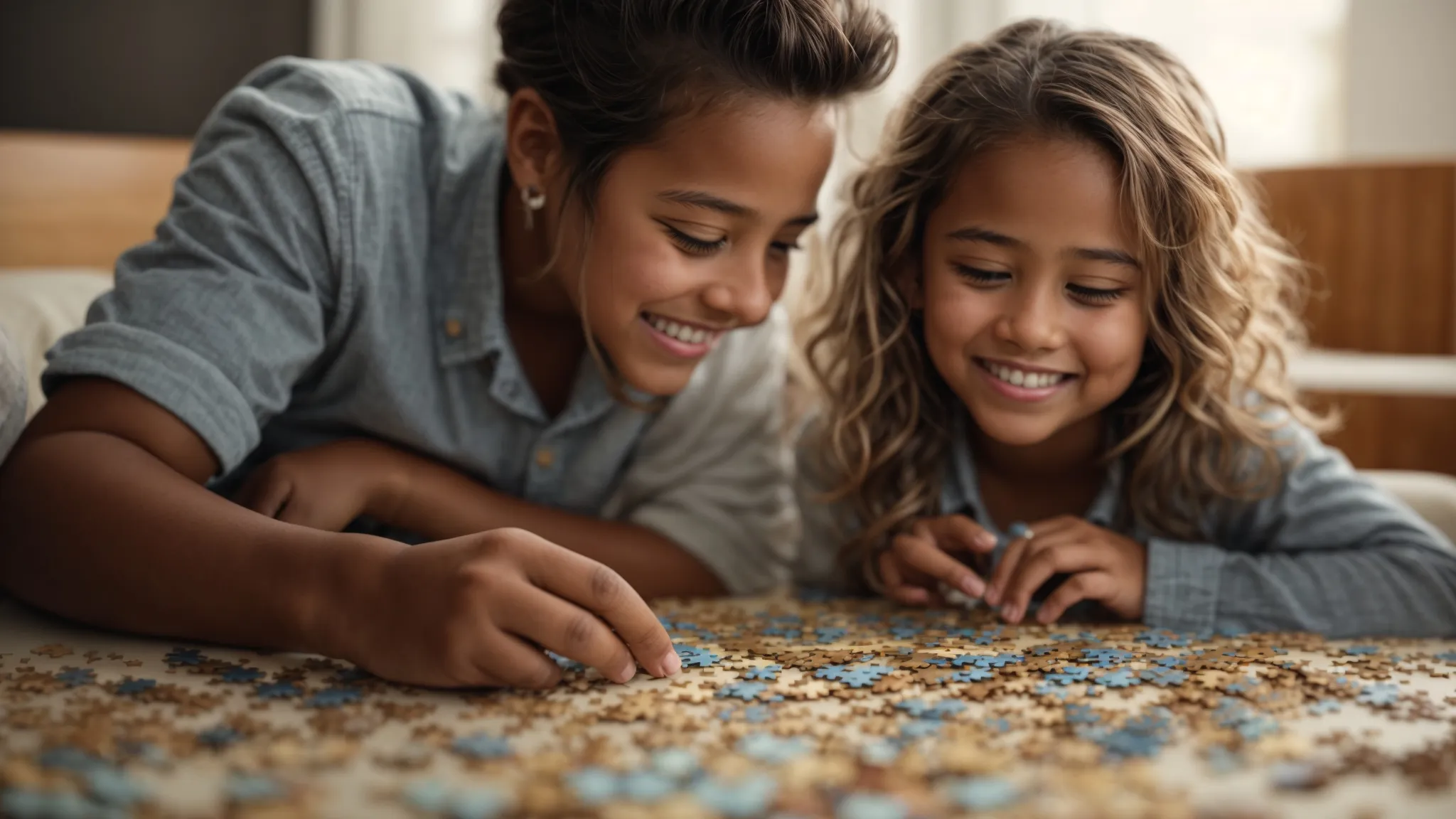 a child and parent share a smile over a jigsaw puzzle, pieces scattered around as they find one that fits.