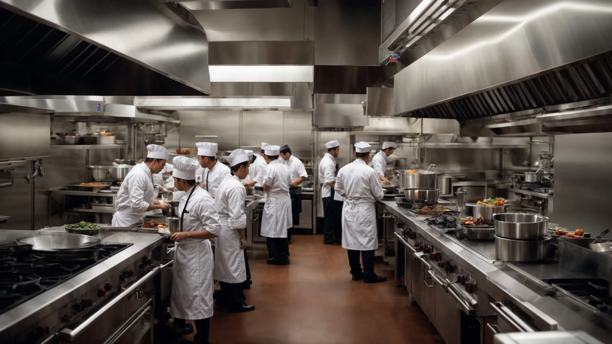 a commercial kitchen bustling with chefs and cooks, with visible hood and exhaust systems overhead.