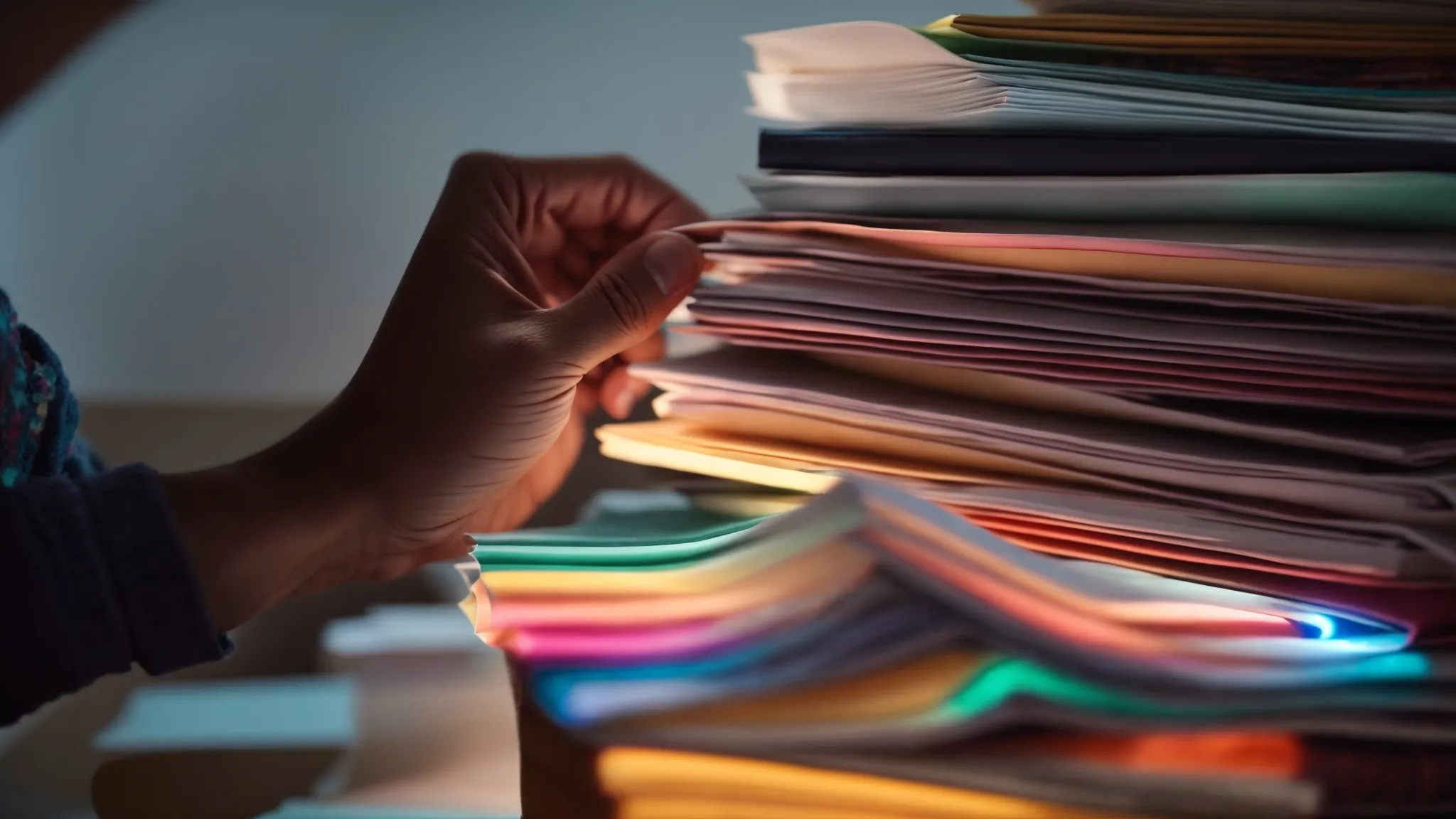 a person pointing at a bright light bulb hovering over a stack of colorful marketing strategy books.