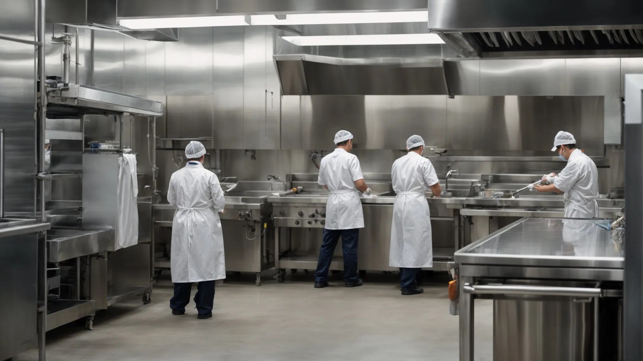 a professional team is meticulously scrubbing and sanitizing a large, stainless steel commercial kitchen to ensure it meets health and safety standards.