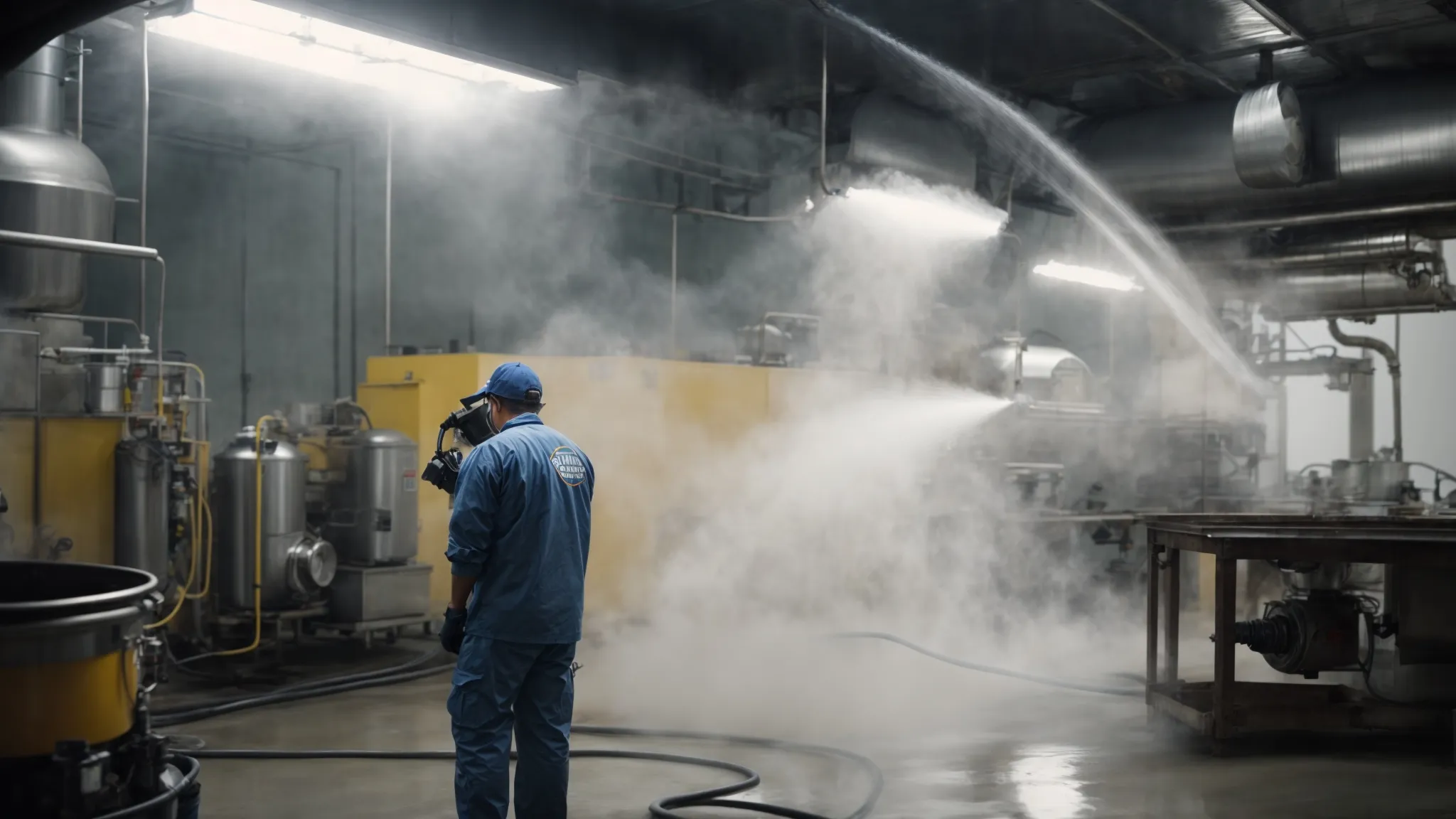 professional cleaners spraying chemicals and pressure washing an industrial kitchen's ductwork and exhaust fan to remove grease buildup.