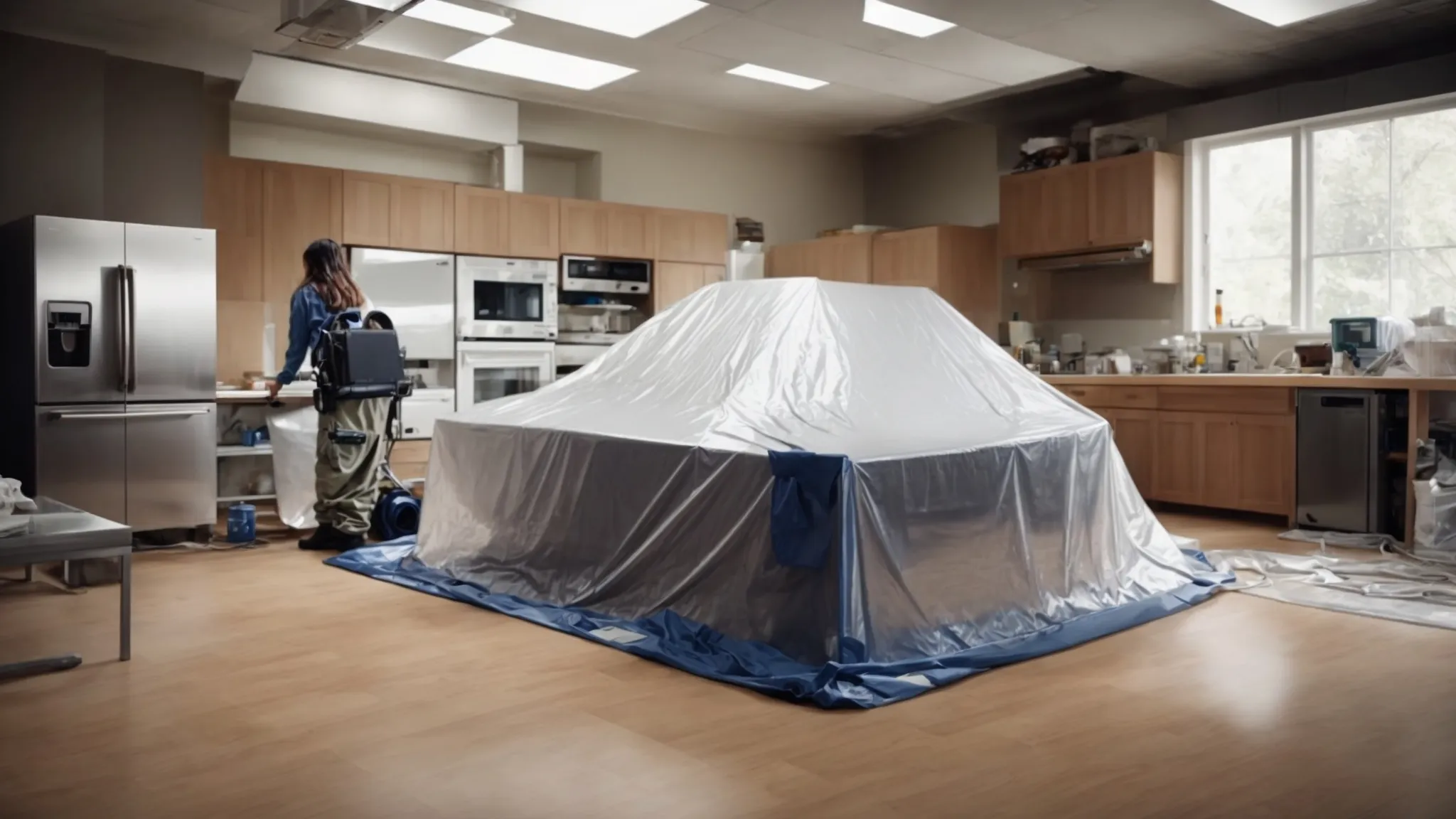 a team is laying protective sheets over kitchen appliances and floors, with a temporary containment unit set up in the background.