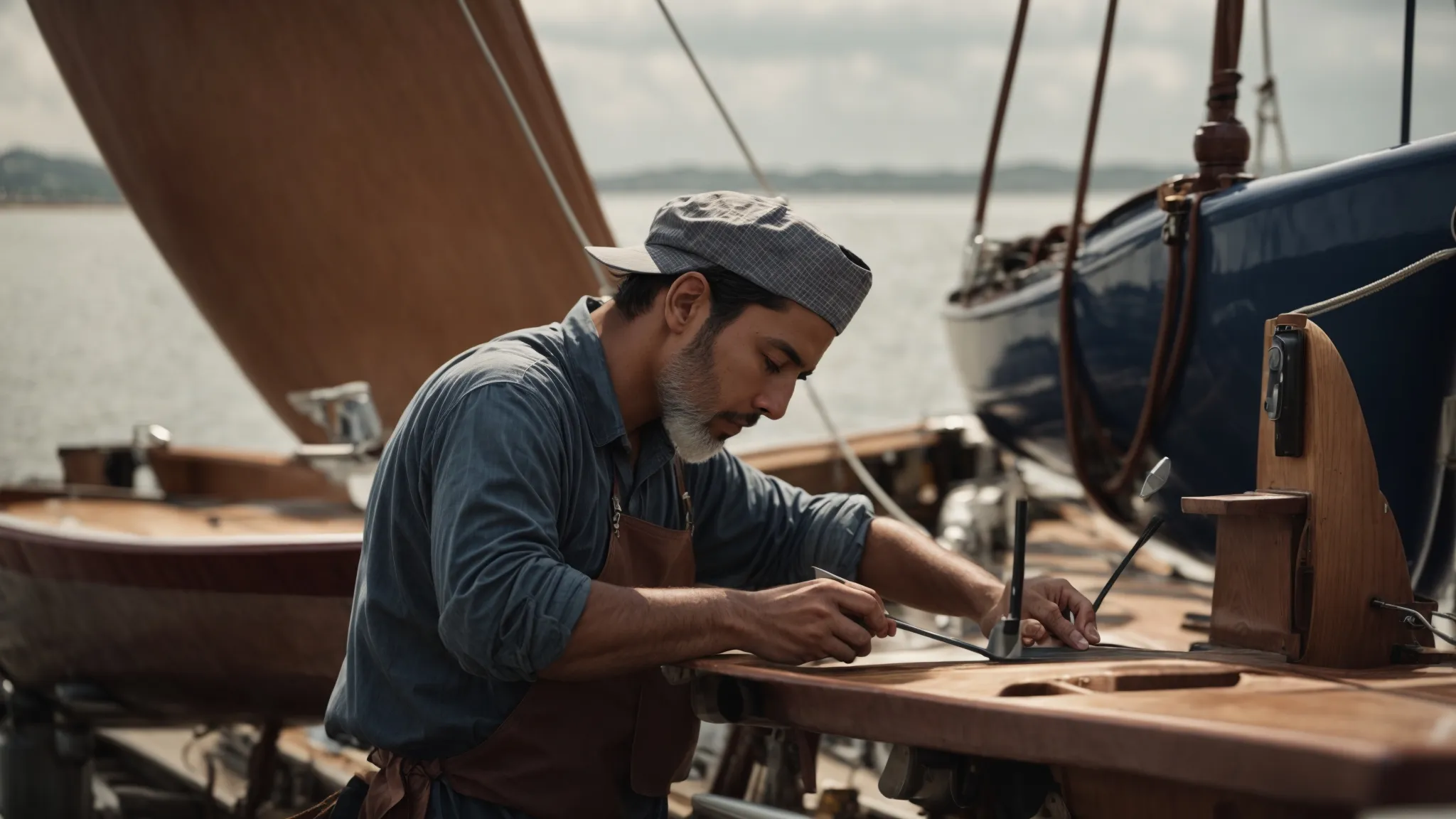 a shipwright meticulously crafting a sleek sailboat by the serene seashore, embodying speed and maneuverability.