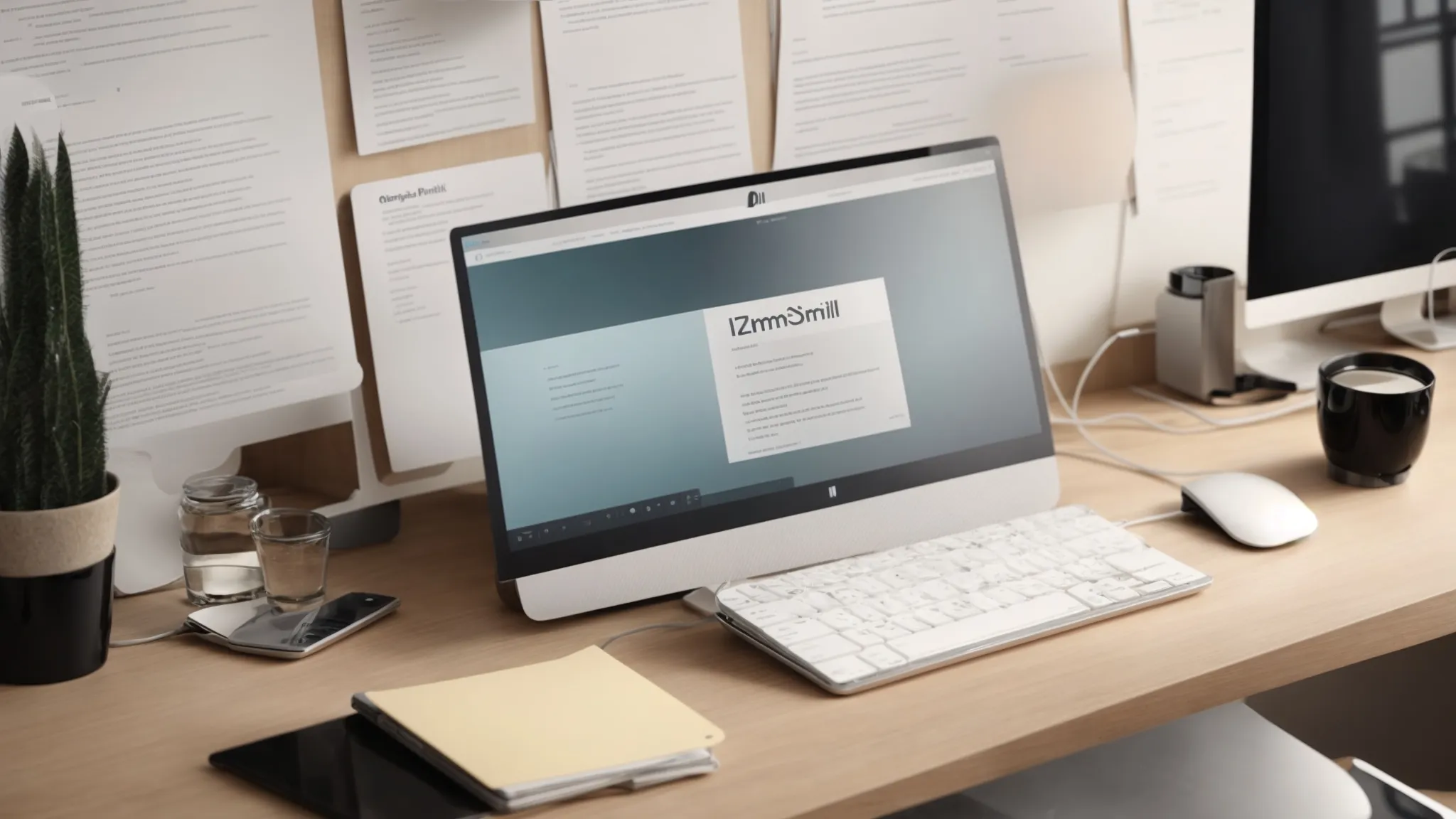 a sleek, minimalistic desk with a modern computer displaying an open email application, surrounded by notes containing marketing strategies.