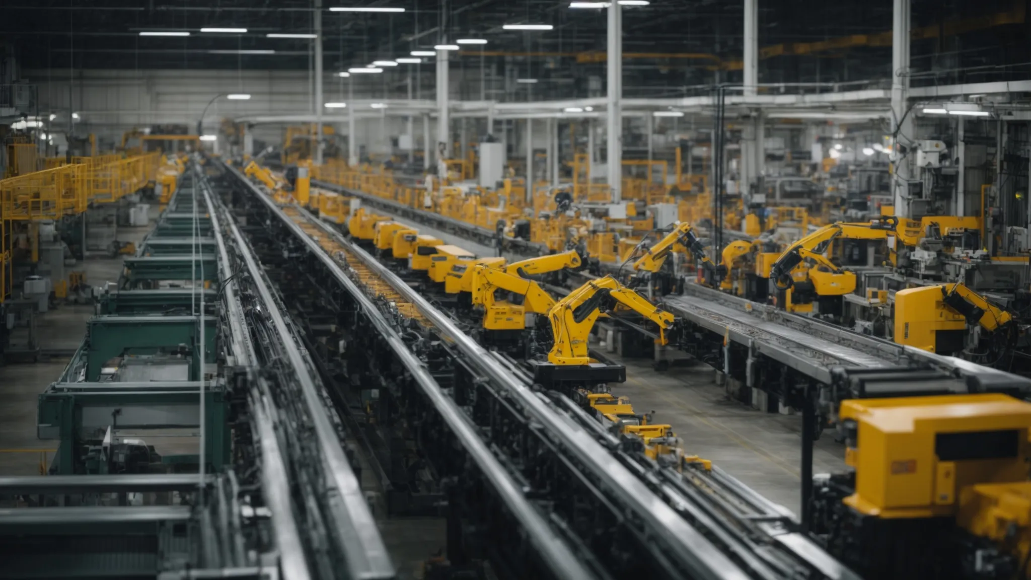 a vast factory floor humming with robotic arms efficiently assembling products on a conveyor belt.