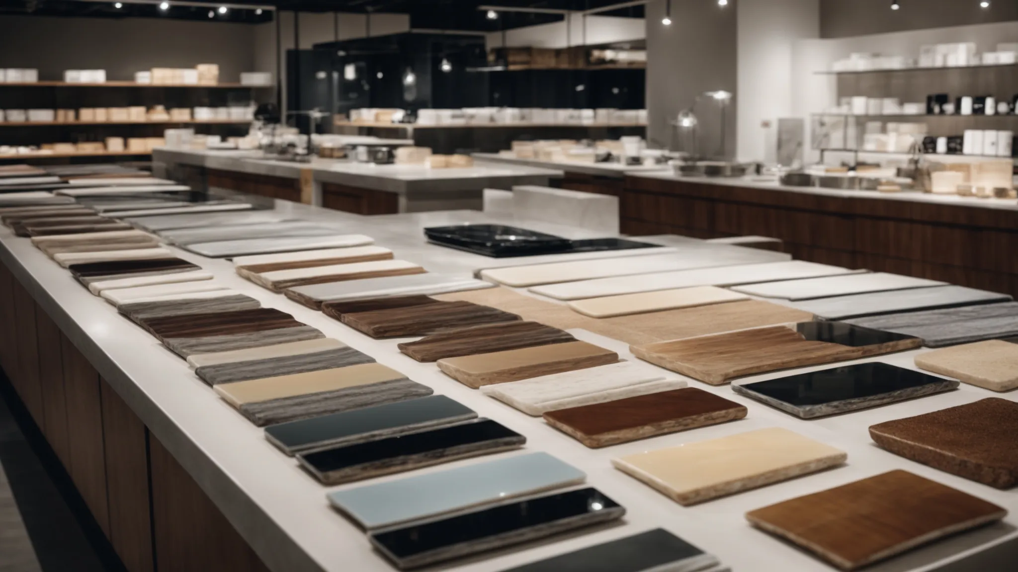 a diverse array of countertop samples spread out across a showroom floor, under the bright lights, inviting a closer look.