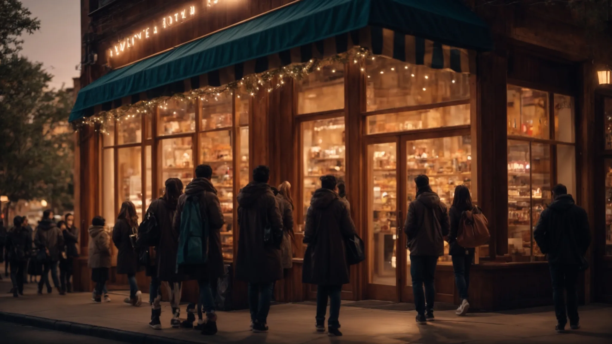 a glowing storefront at twilight, with a crowd of satisfied customers exiting, symbolizing a thriving business bolstered by positive online reviews.