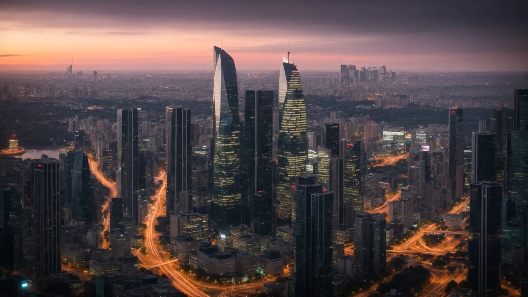 a panoramic view of a modern city skyline at dusk, symbolizing the dynamic landscape of the banking industry amid evolving economic structures.