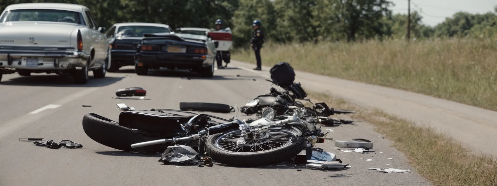 a motorcycle accident scene being investigated by police officers on an indiana road with law books in the foreground.