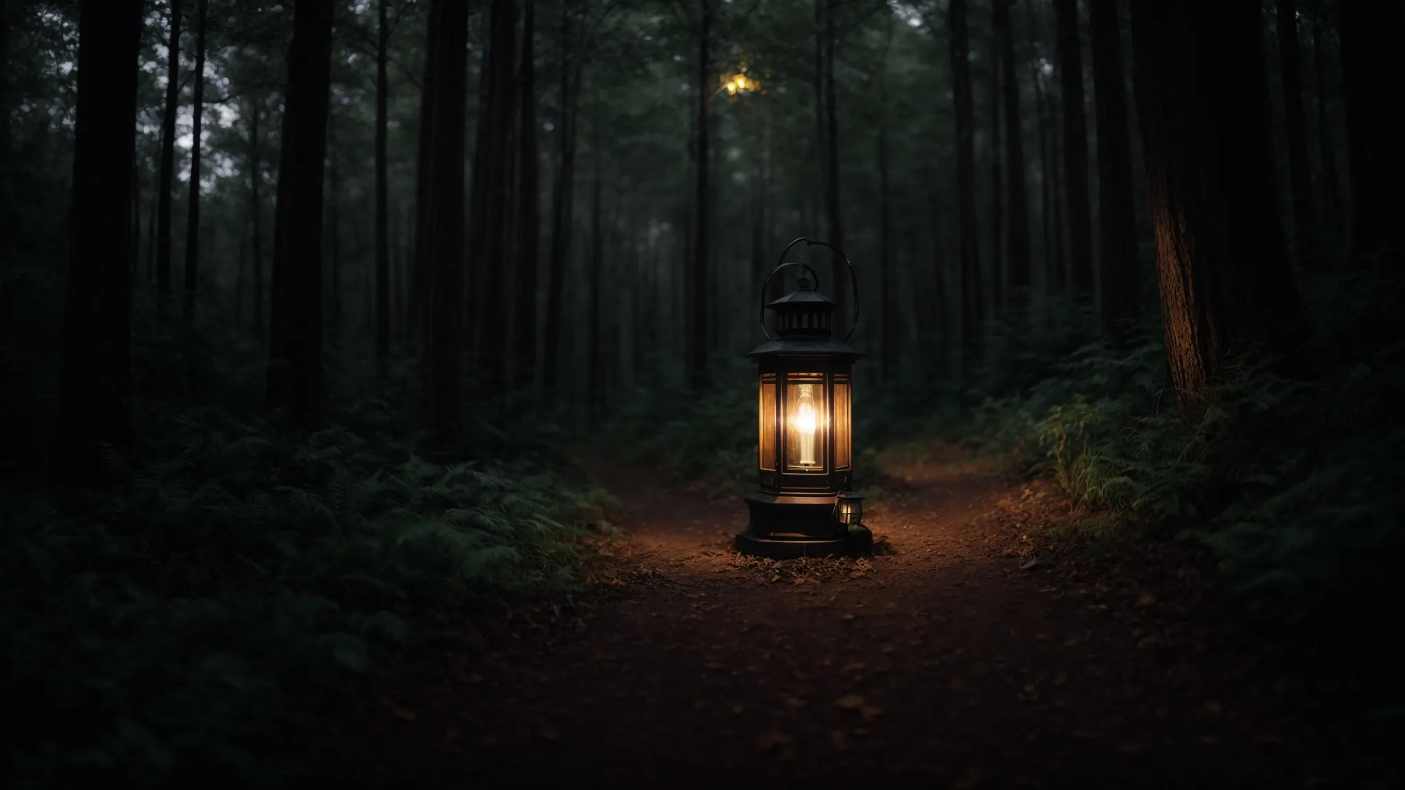 a single lantern illuminating a dark, winding path through a dense digital matrix forest. 