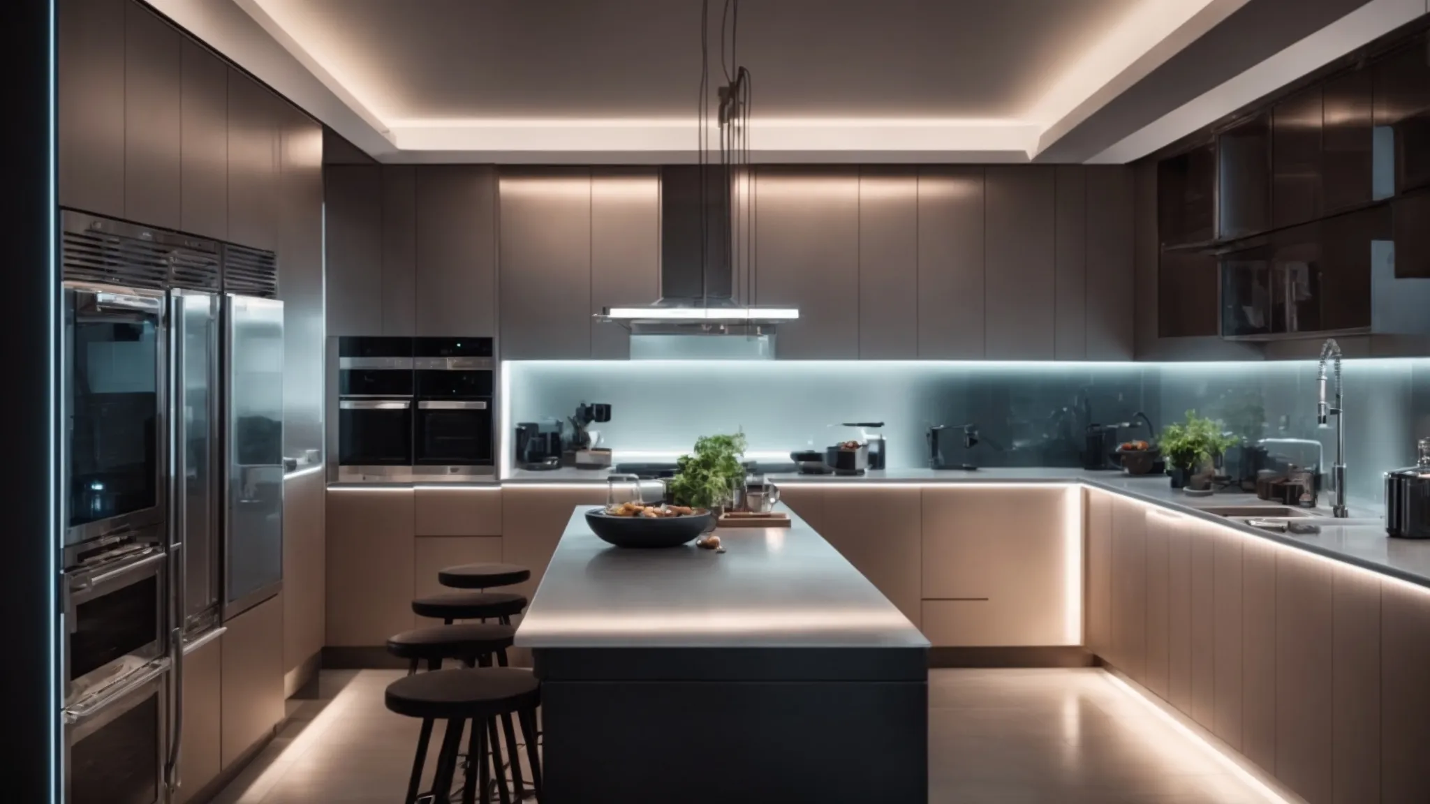 a futuristic kitchen filled with smart appliances, gleaming under the soft glow of technology-enhanced lighting.