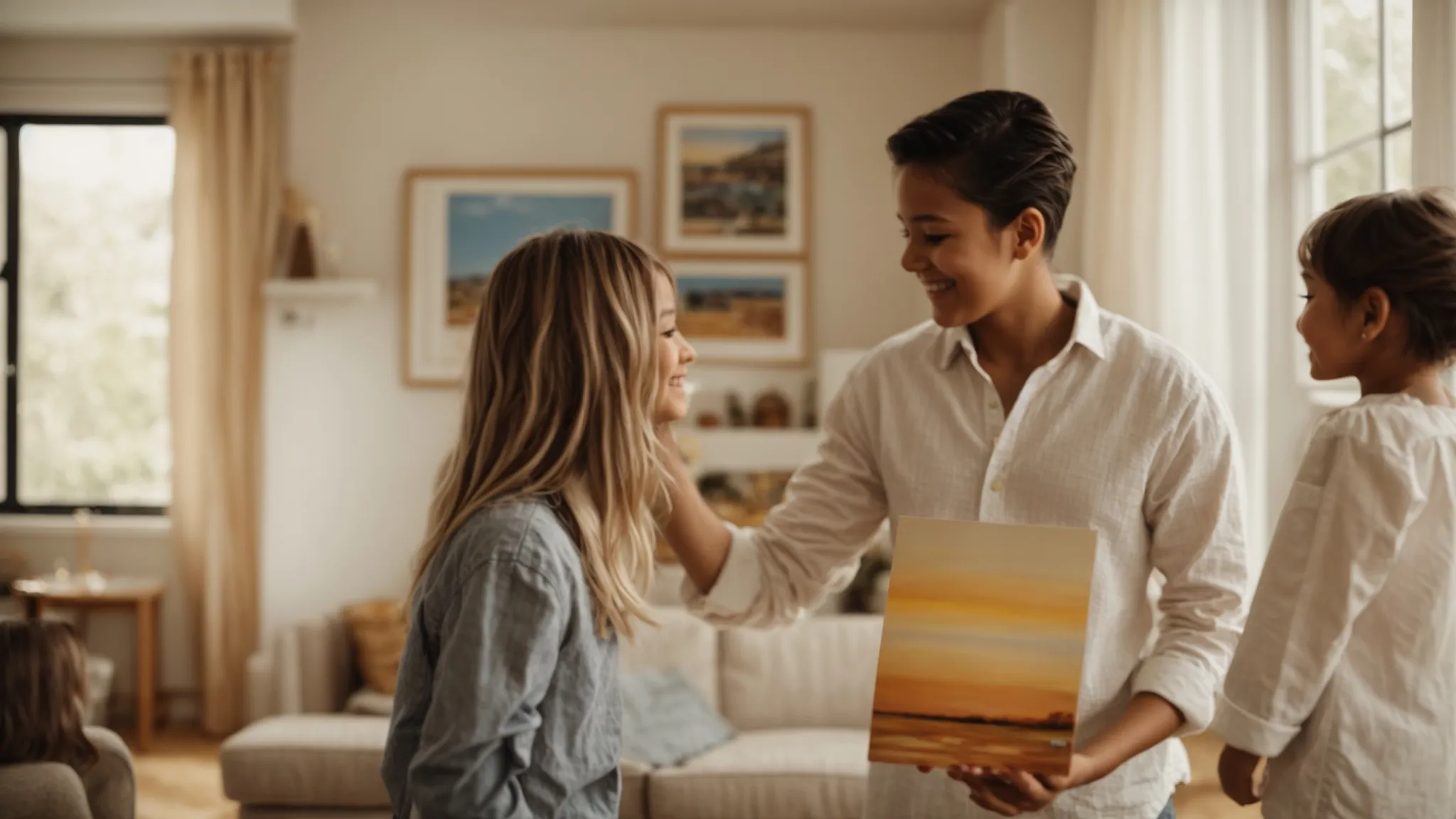 a young child proudly shows a painting to smiling parents in a brightly lit, cozy living room.