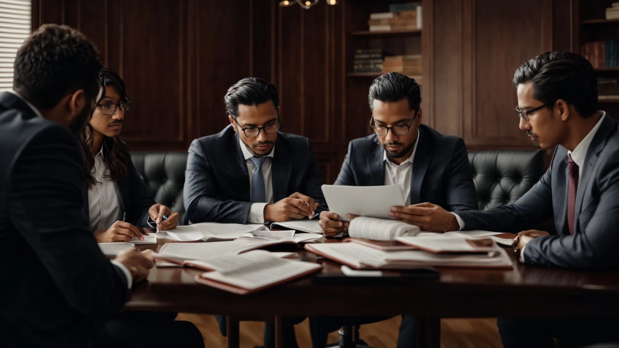 a group of entrepreneurs gathered around a conference table, deeply engrossed in discussion with legal books and documents scattered in front of them.
