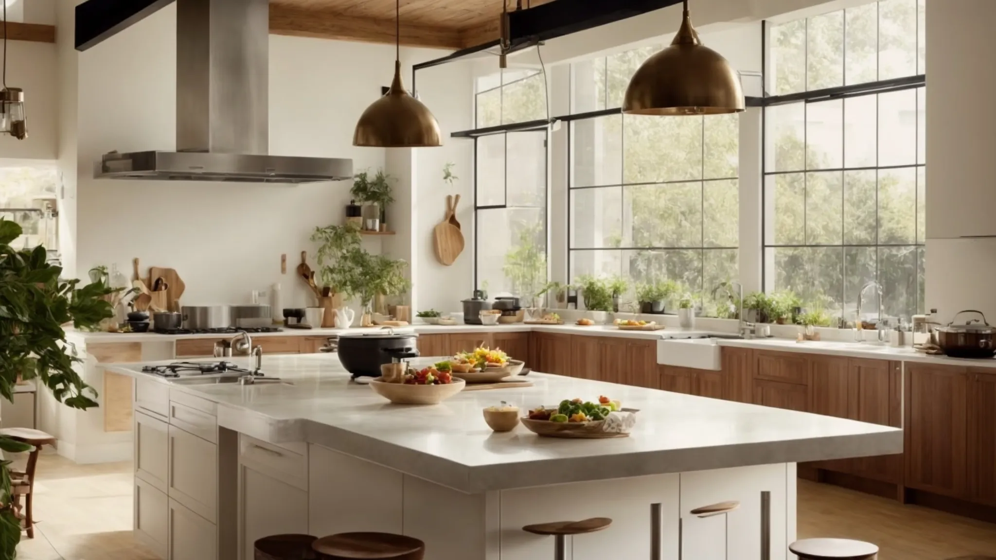 a spacious kitchen illuminated by natural light, featuring a large island at its center surrounded by stools and bustling with cooking activity.