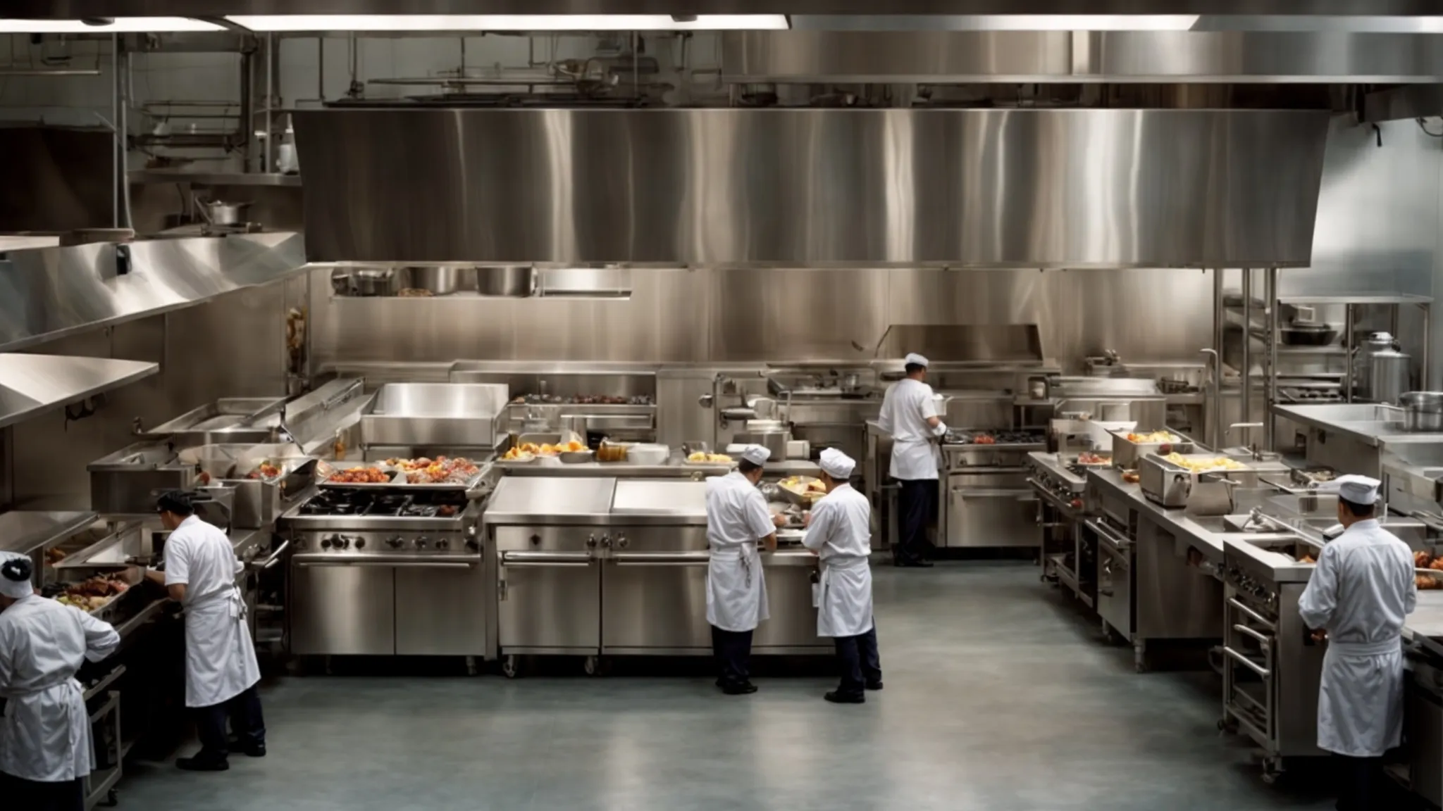 an overhead view of a bustling commercial kitchen, with chefs at work near large stoves and a clearly visible, extensive Toronto Hood Cleaning exhaust system overhead.