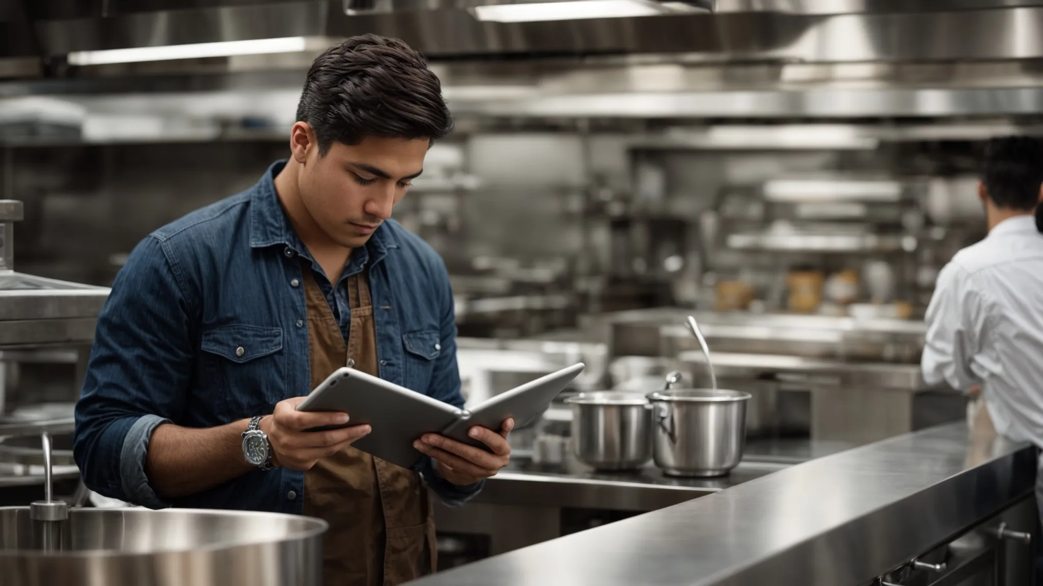 a customer intently reading reviews on a tablet in a busy commercial kitchen.