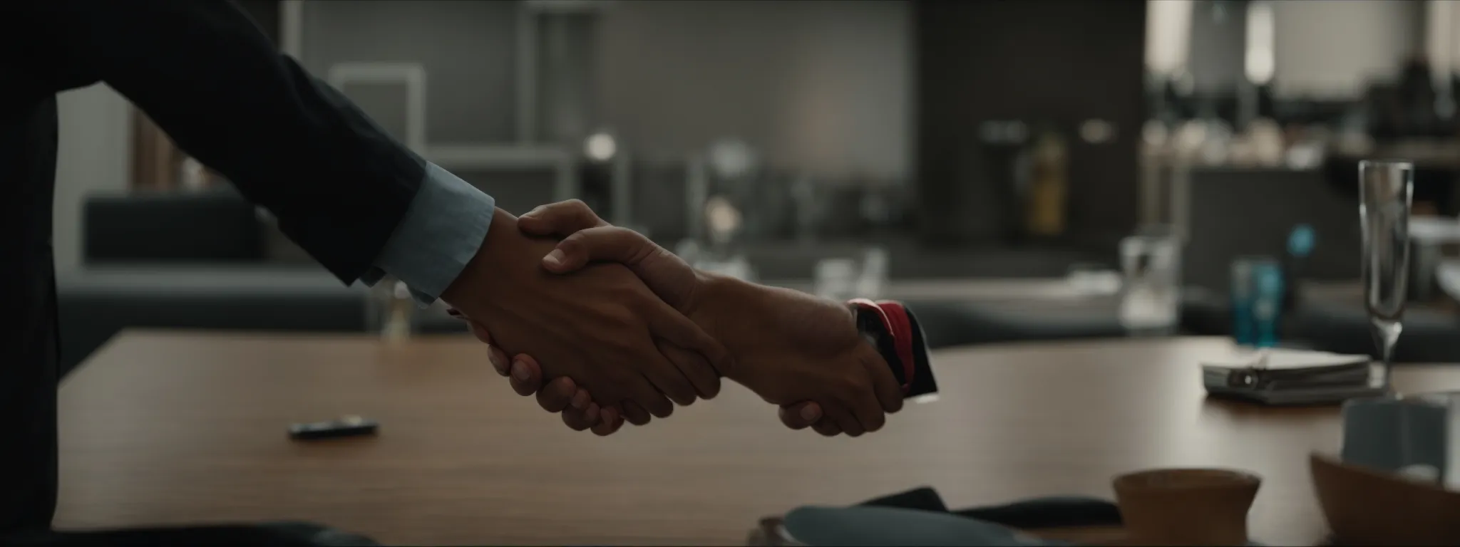 two people shaking hands over a table in a business meeting.