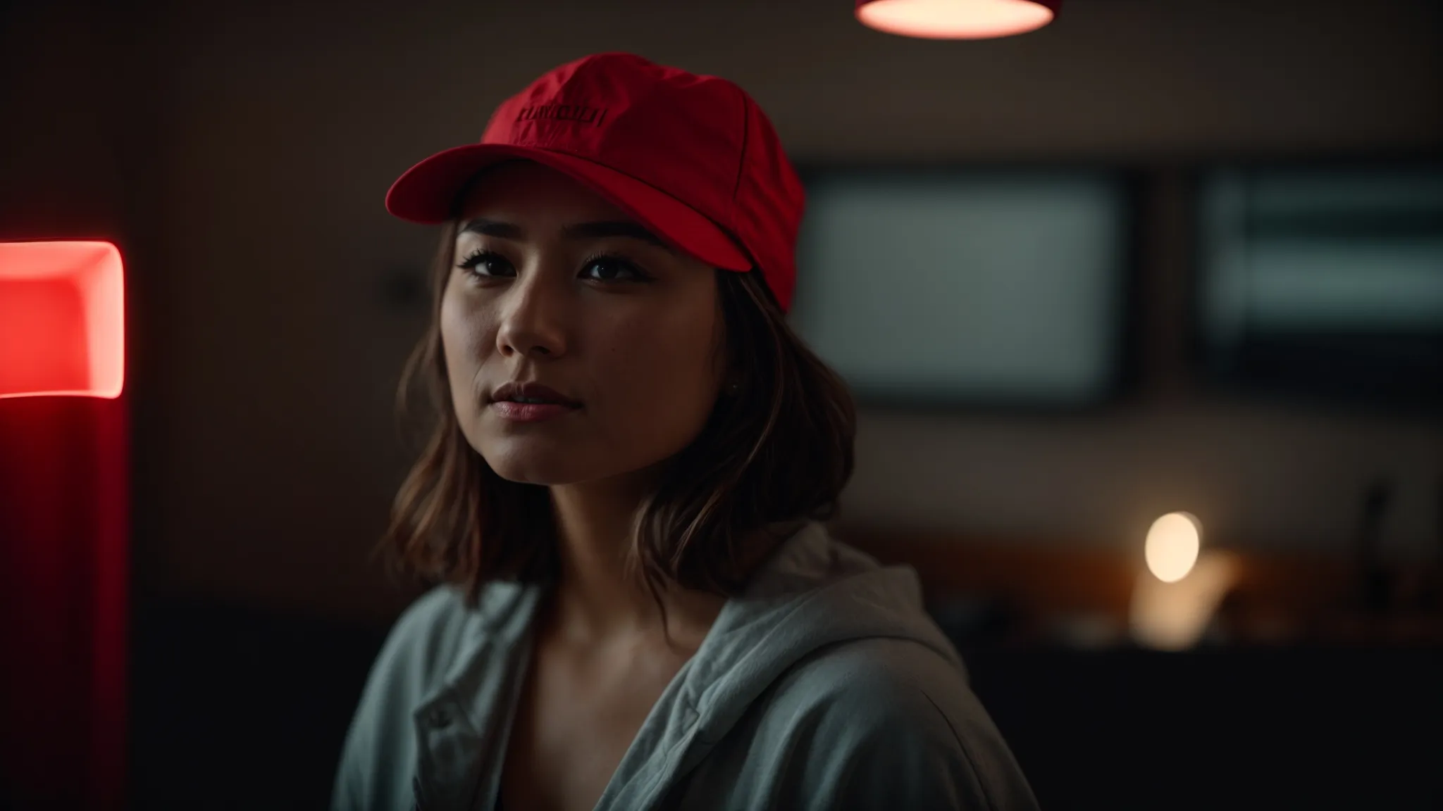 a person peacefully wearing a red light therapy cap in a serene, dimly lit room, indicative of a health-conscious individual proactively managing emf exposure.