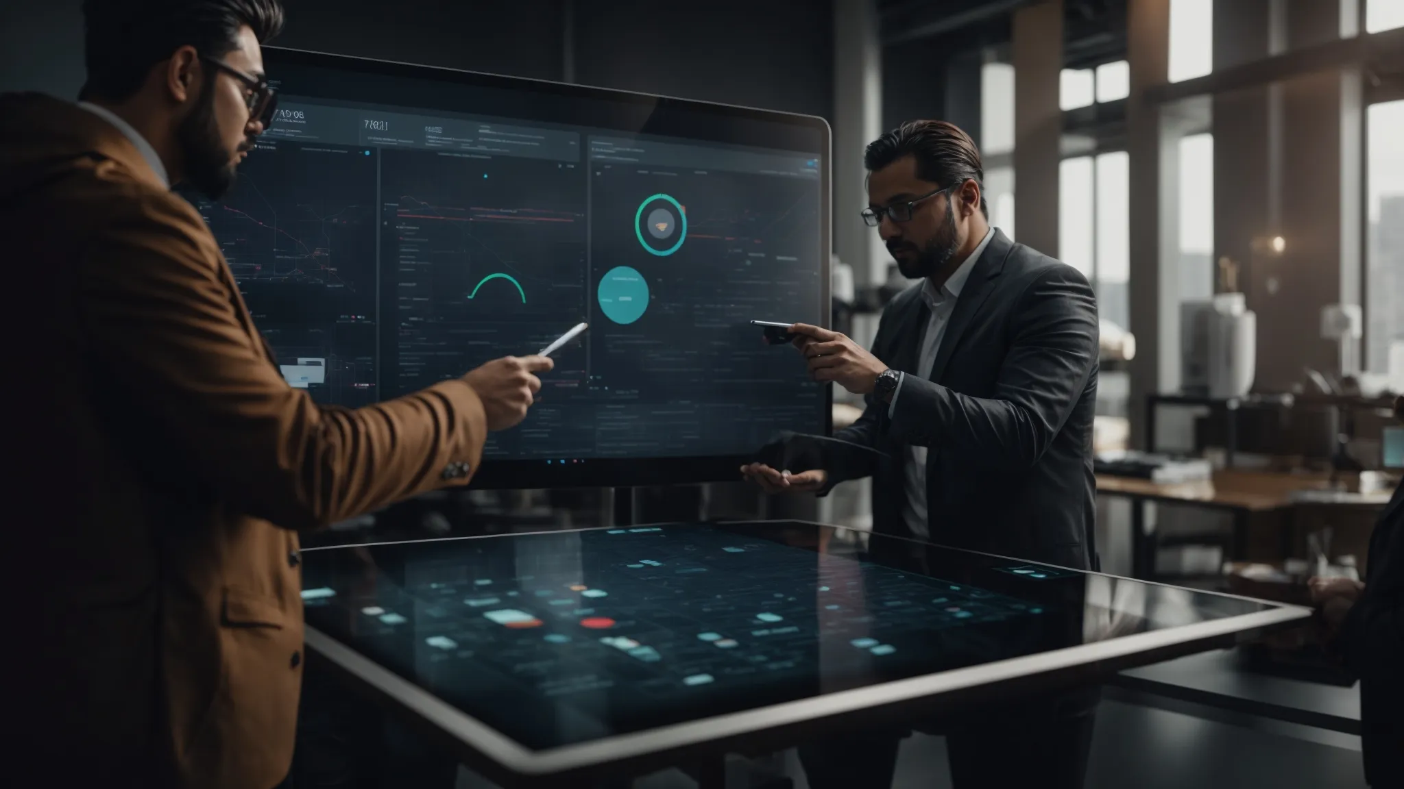 two professionals collaborate over a large digital tablet, strategizing on a dynamic interface that visually represents automated marketing systems interlocking seamlessly with crm technology.