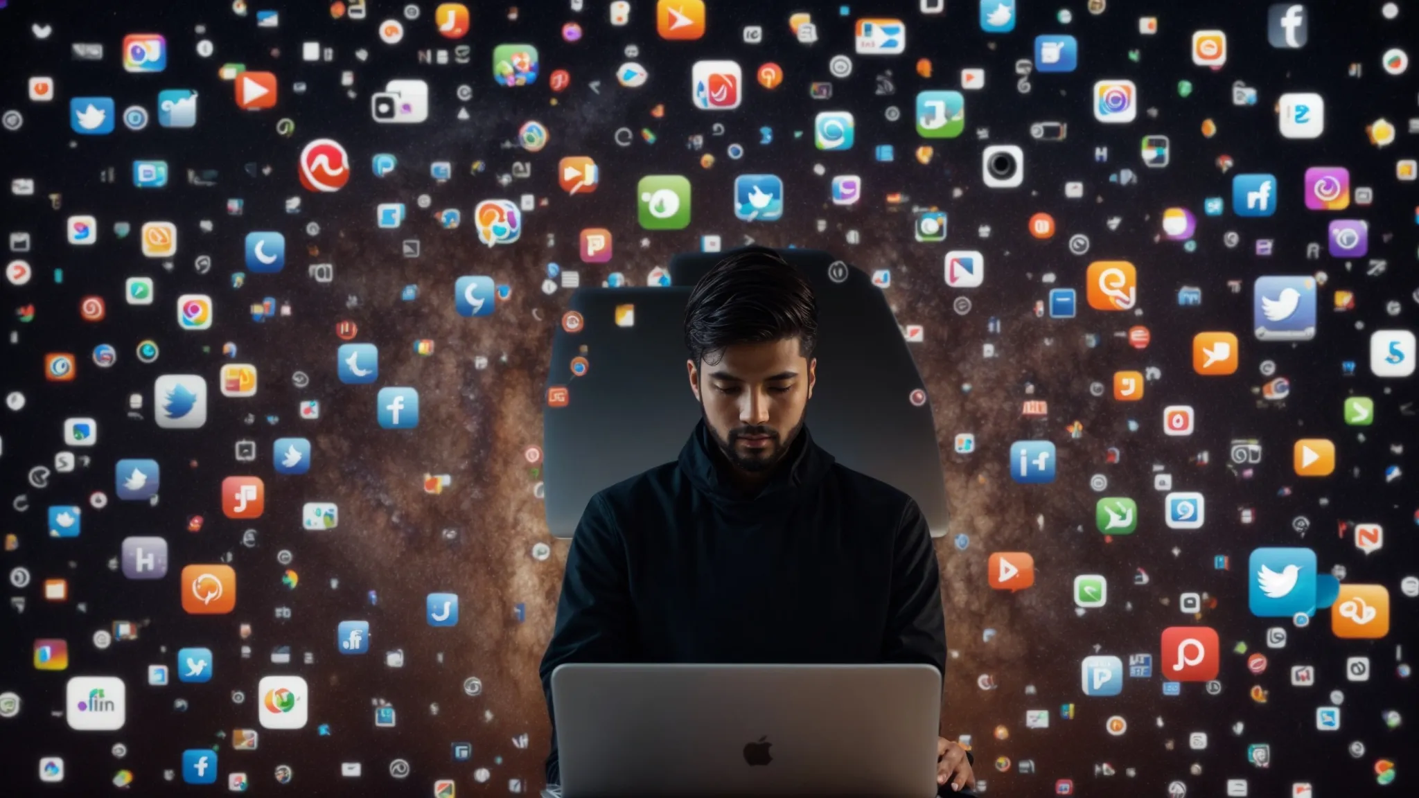 a person sitting in front of a laptop, surrounded by icons representing social media platforms, illustrating the digital marketing landscape.