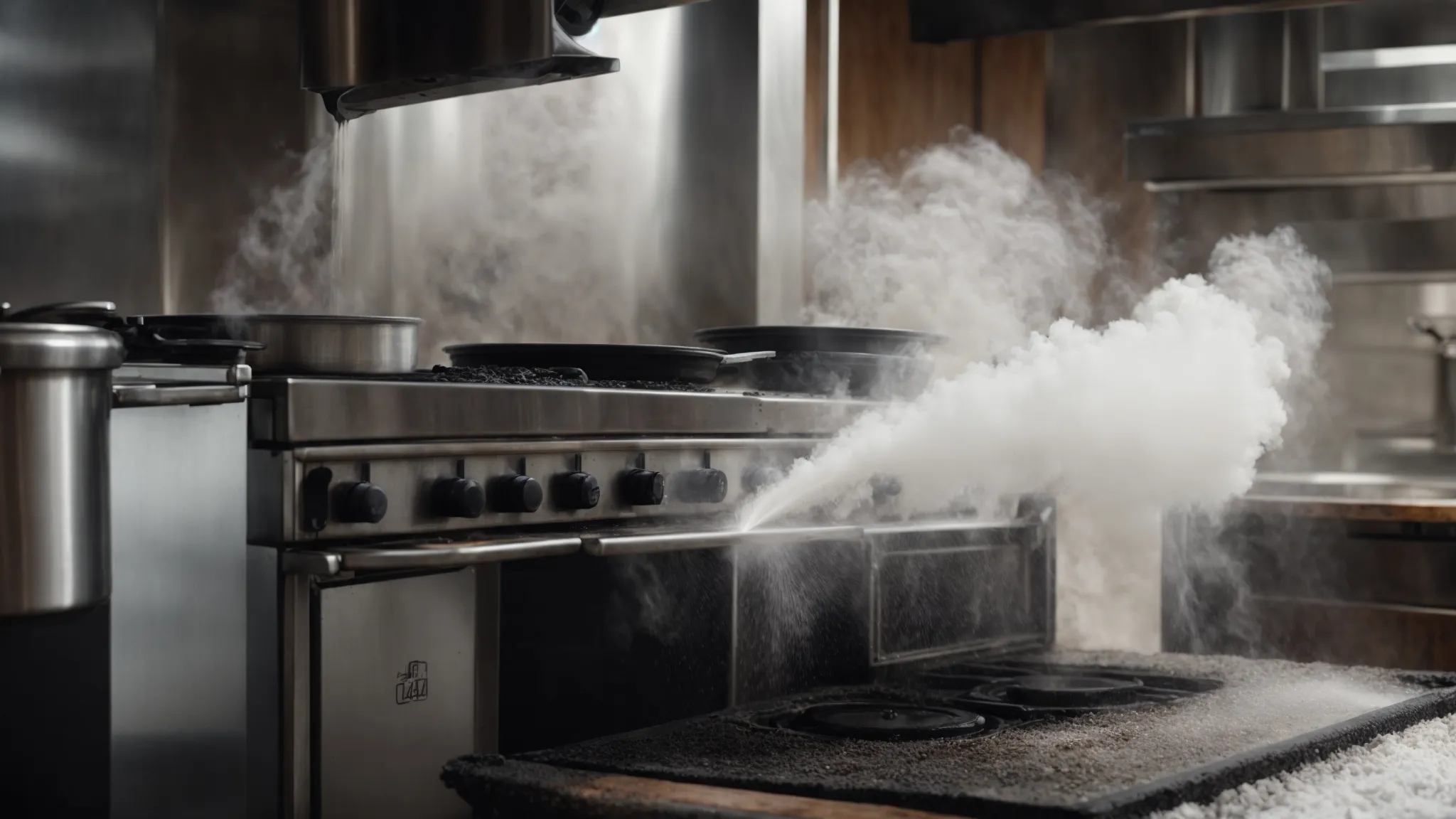 a steam cleaner blasts through grease on a commercial kitchen stove.