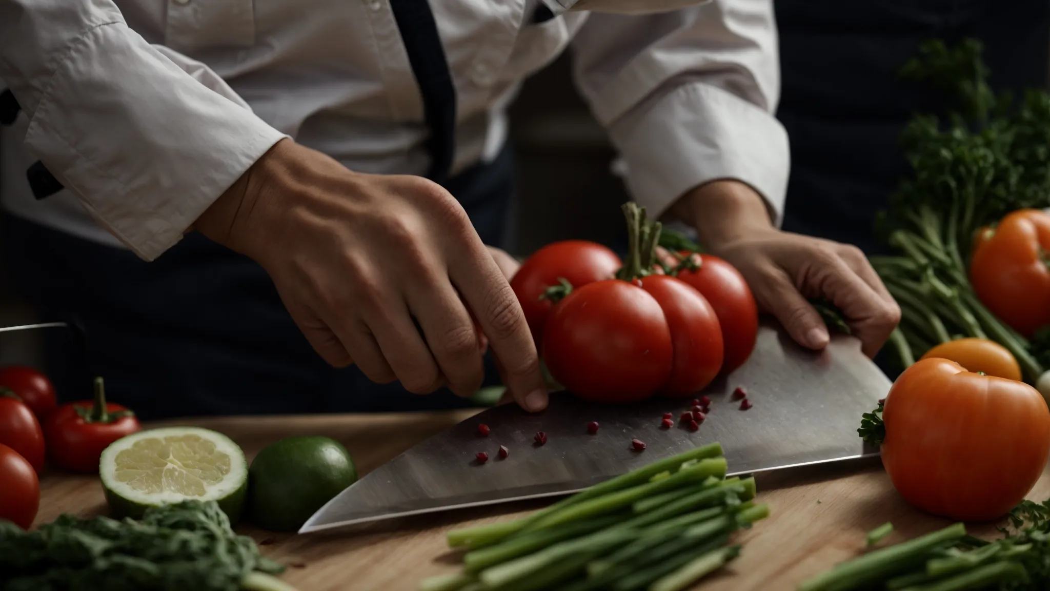 a chef holds an ergonomically designed knife above an anti-microbial cutting board, ready to slice vegetables.