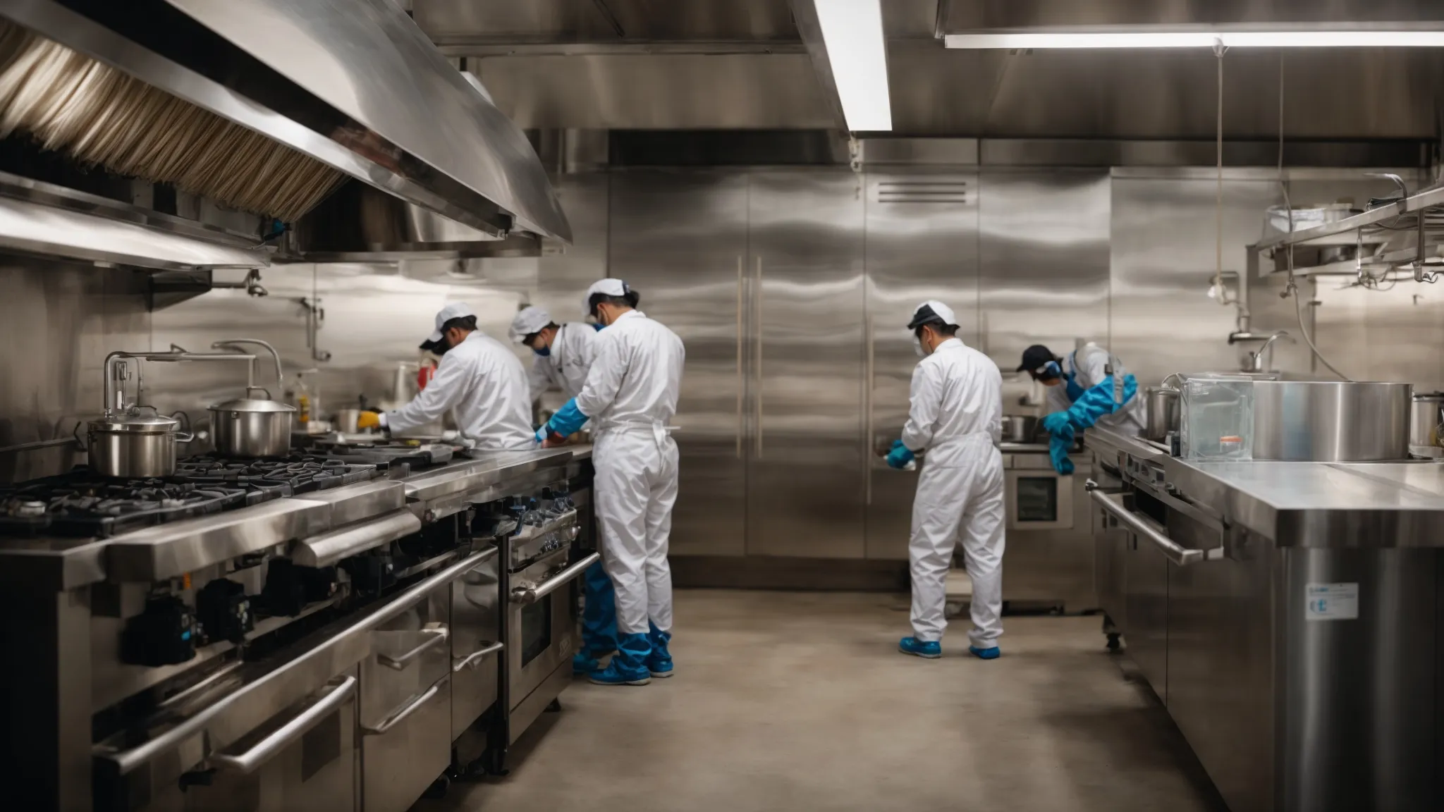 a professional cleaning team is gathered around a kitchen exhaust, closely examining its cleanliness and checking its operational efficiency.
