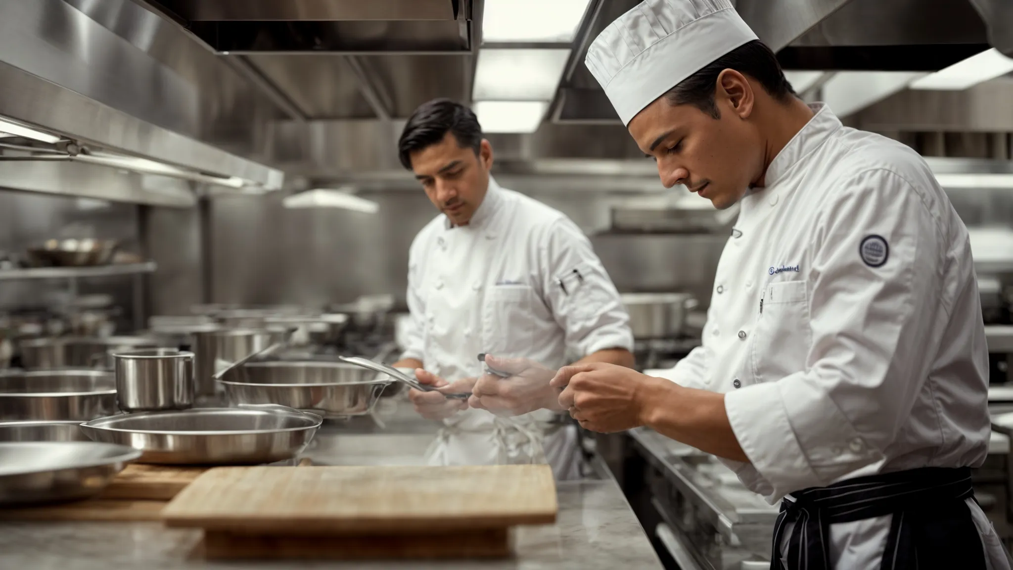 a chef demonstrates cleaning techniques on a kitchen exhaust hood to attentive staff in a commercial kitchen.