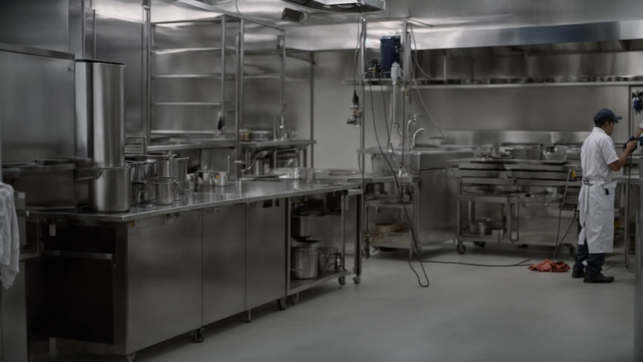 a professional cleaning team is setting up their equipment in a commercial kitchen, preparing for an exhaust system cleaning.