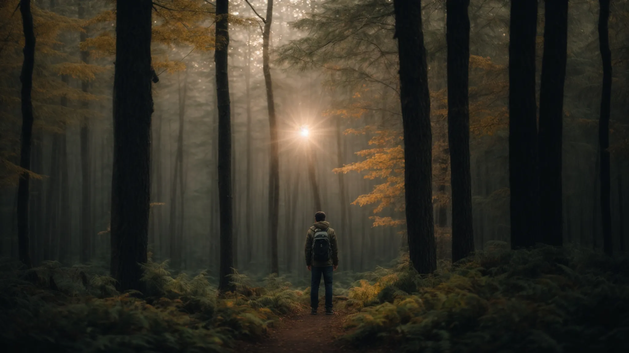 a person with a compass in hand stands at the forest's edge, gazing into the dense woodland, with a path illuminated by a faint glow leading into the heart of the trees.