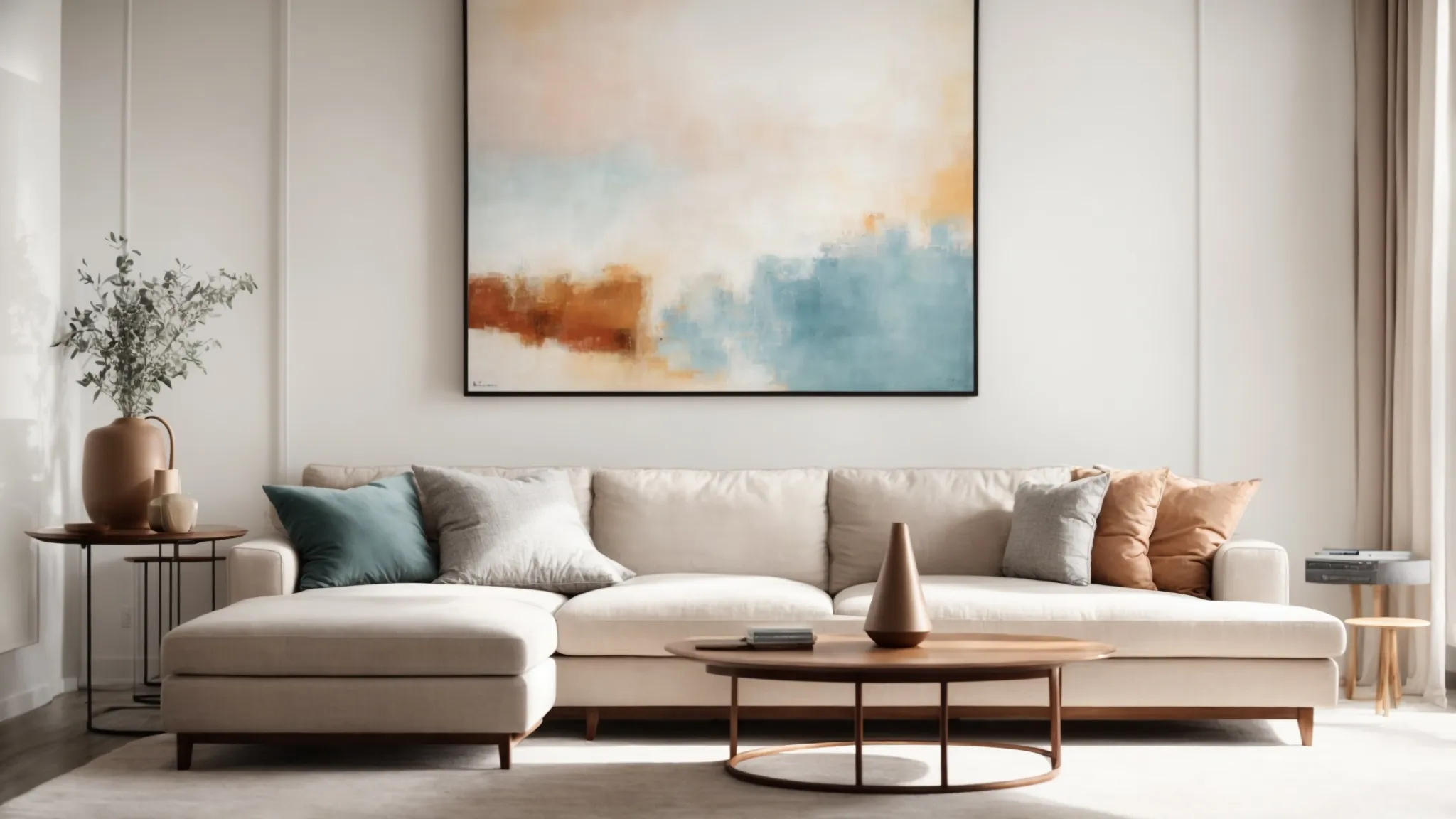 a spacious, bright room featuring a simple, elegant couch, a sleek coffee table, and a single piece of abstract art on the wall.