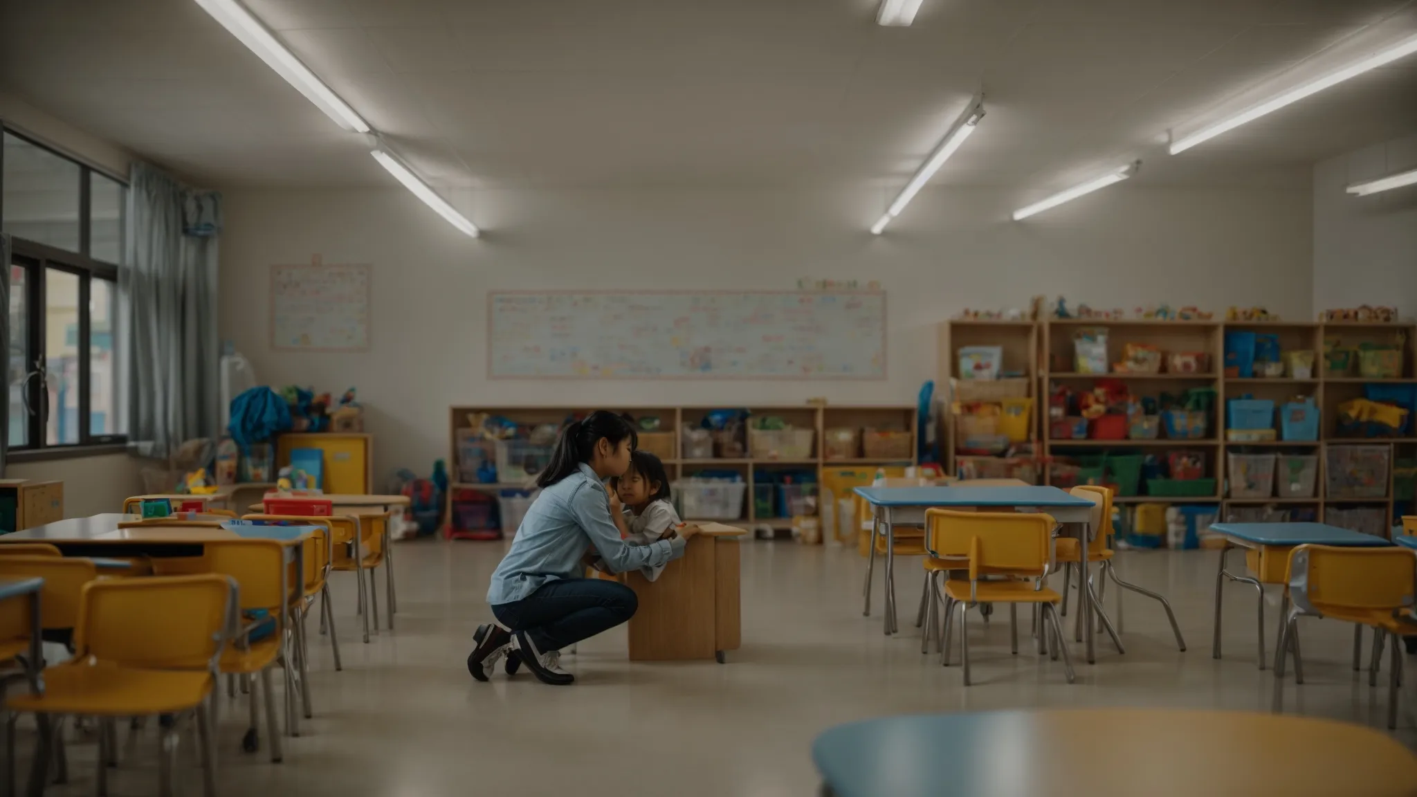 a teacher gently kneeling to make eye contact with a smiling kindergartener amidst a classroom.