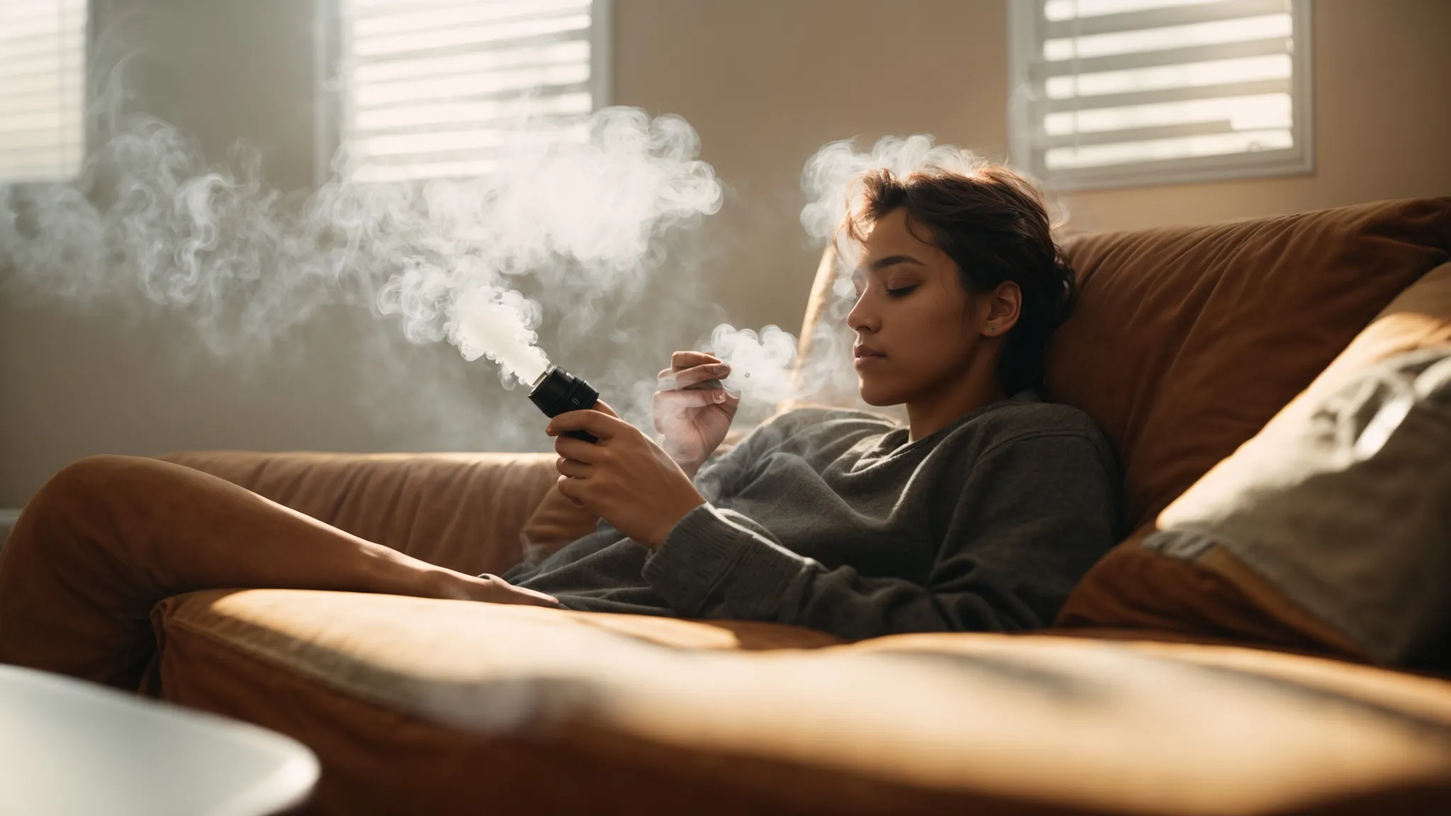 a person relaxing on a couch with a disposable vape in hand, enveloped by a gentle haze in a sunlit room.