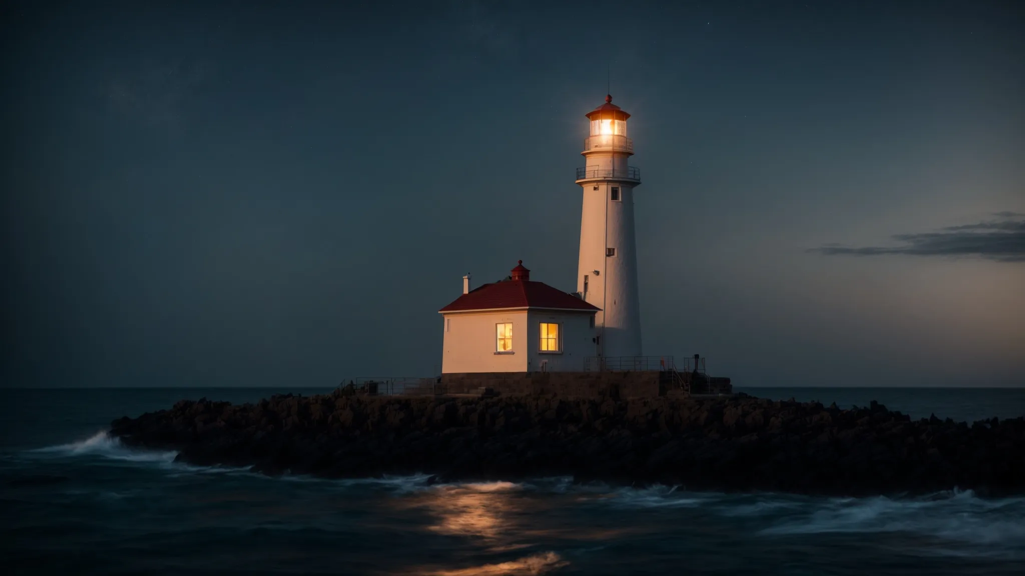 a lighthouse stands tall at the edge of a vast ocean, illuminating the path for distant ships under a starry sky.