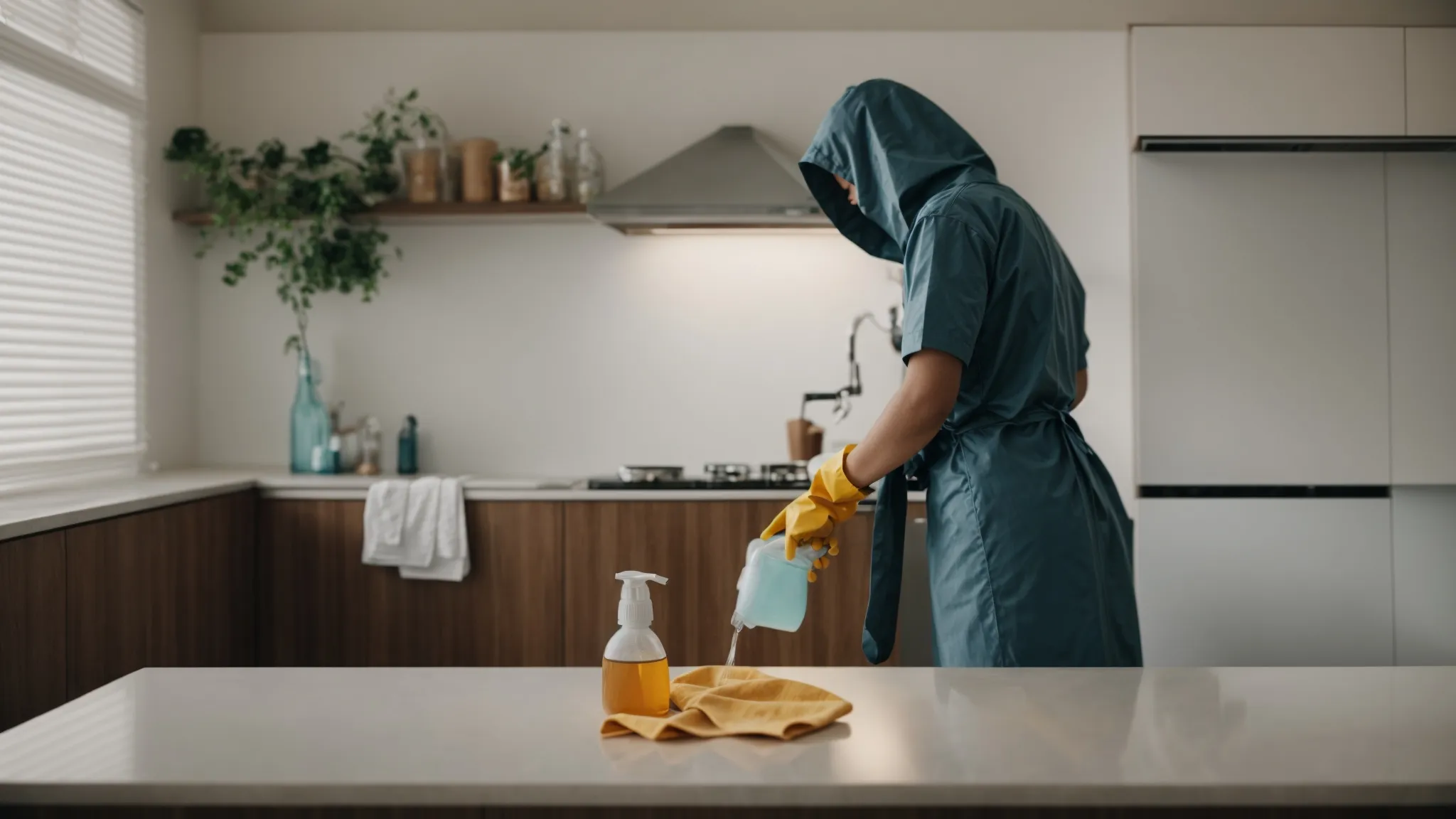 a person stands in front of a kitchen hood, equipped with gloves and holding a cleaning spray bottle and cloth, ready to begin the cleaning process.
