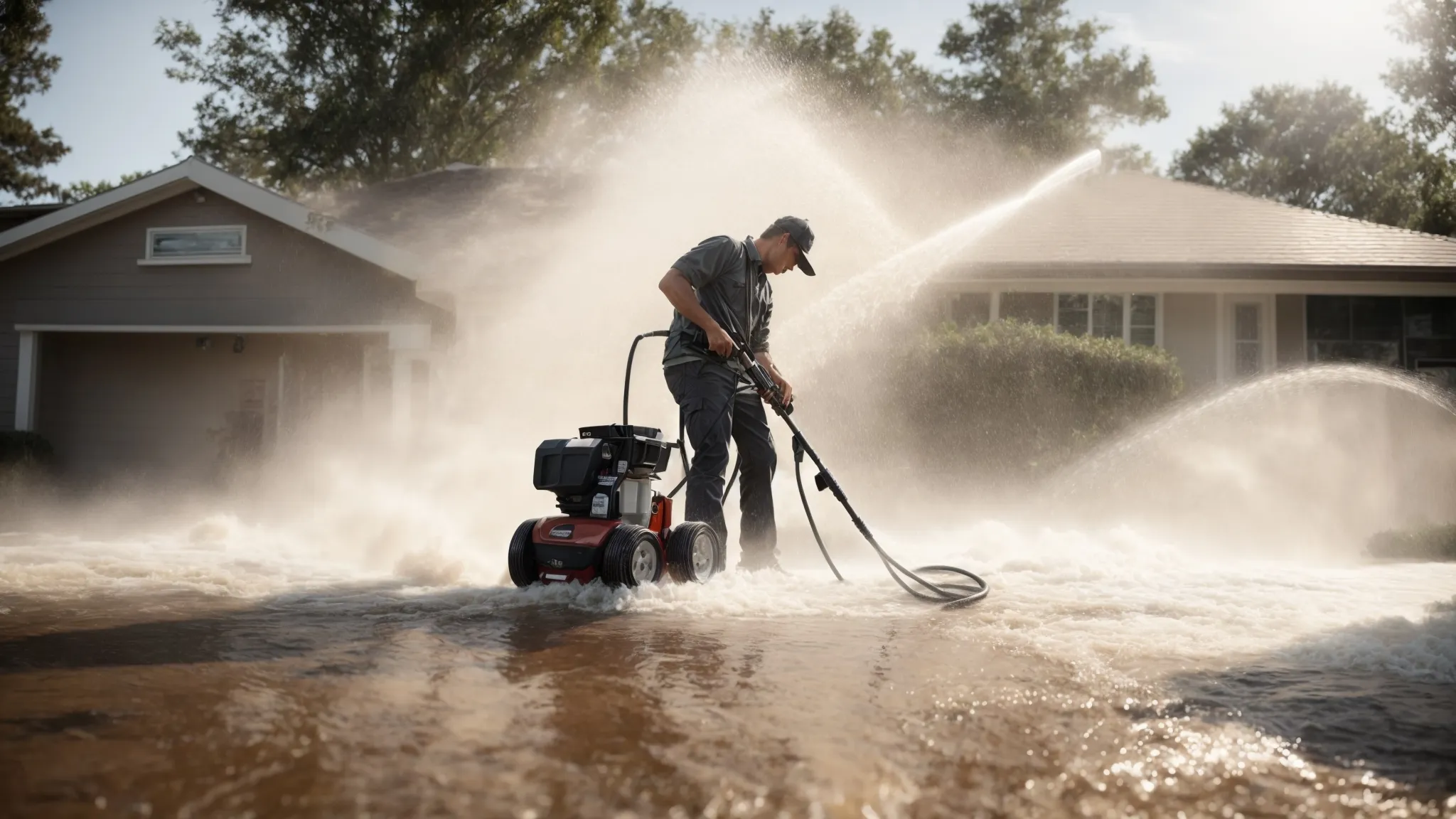 a professional wielding a high-pressure washer blasts water across the front of a suburban home, efficiently clearing away dirt and grime.