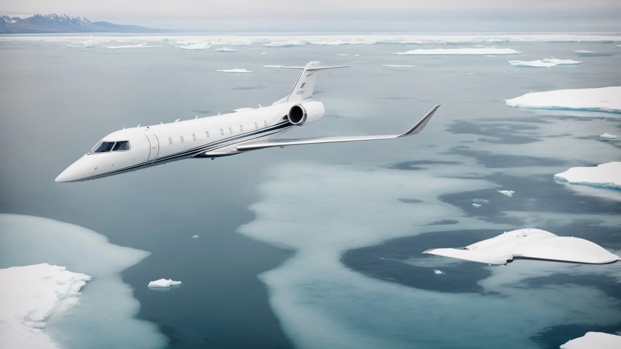 a sleek private jet flies over a majestic icy landscape where polar bears roam near the open sea.