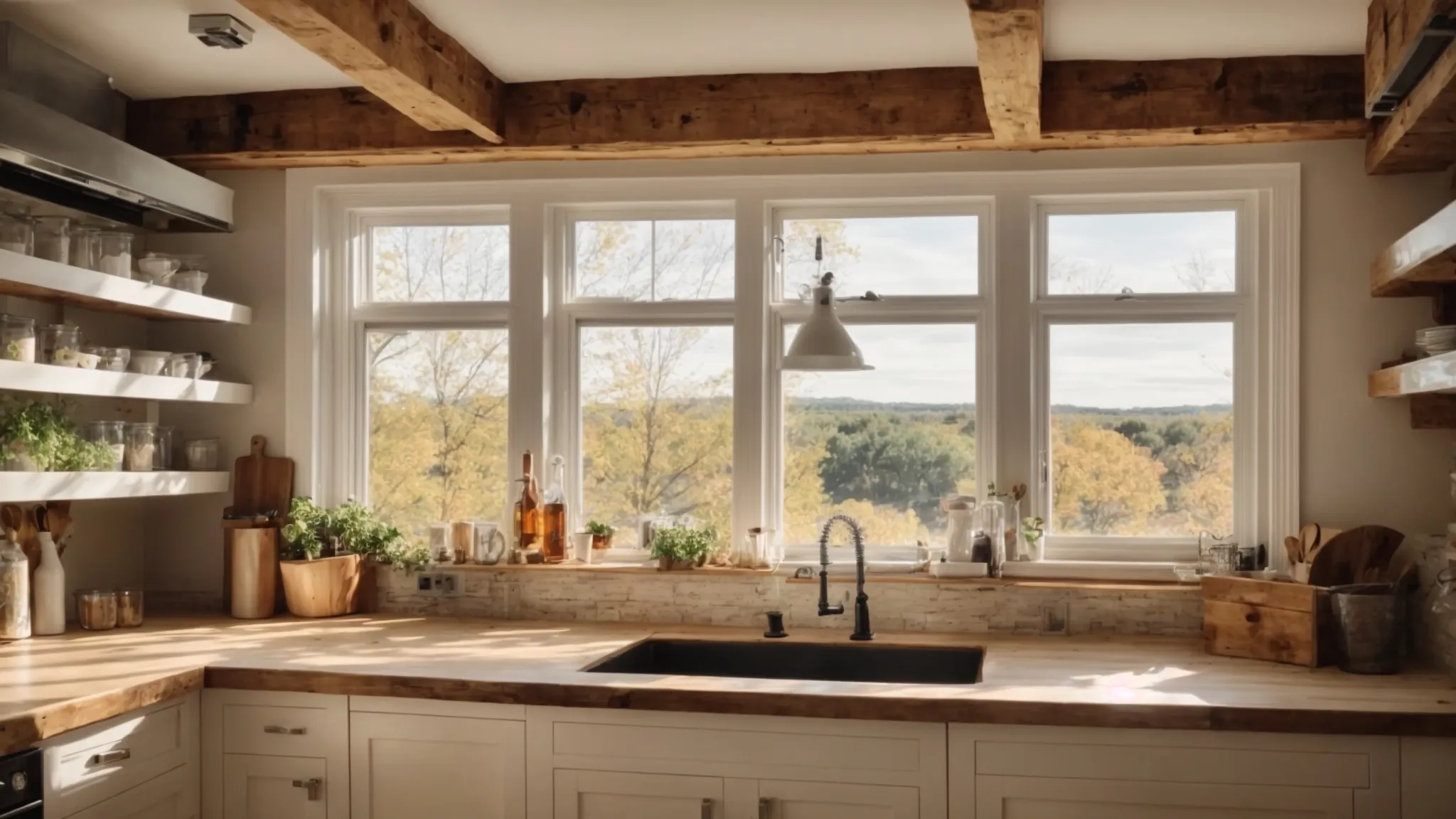 a wide kitchen space mid-renovation, featuring exposed beams and unfinished cabinets, with a visible Barrie Ontario landscape through the window.