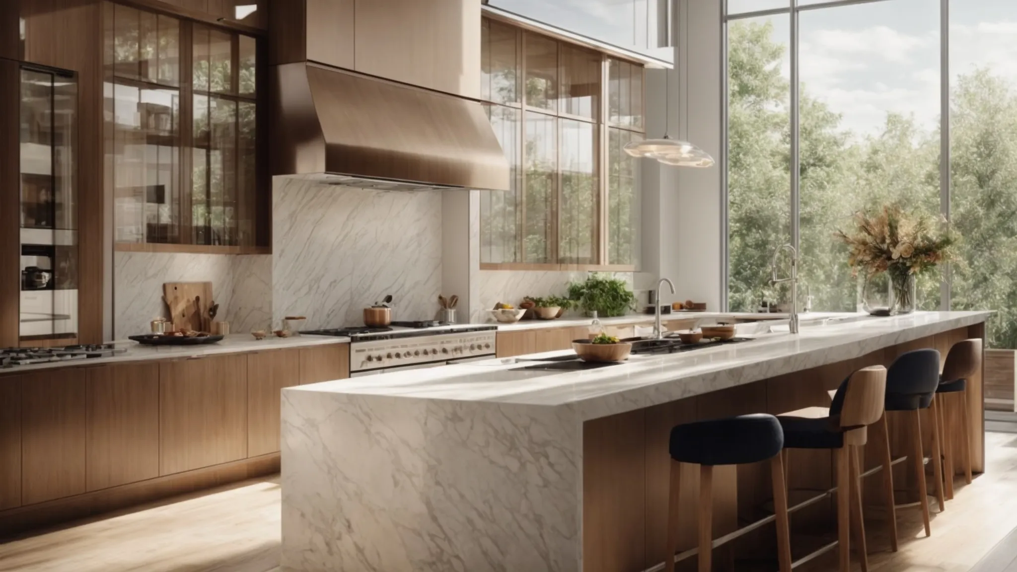 a sleek kitchen showcases a polished quartz countertop radiating elegance beside a large window.