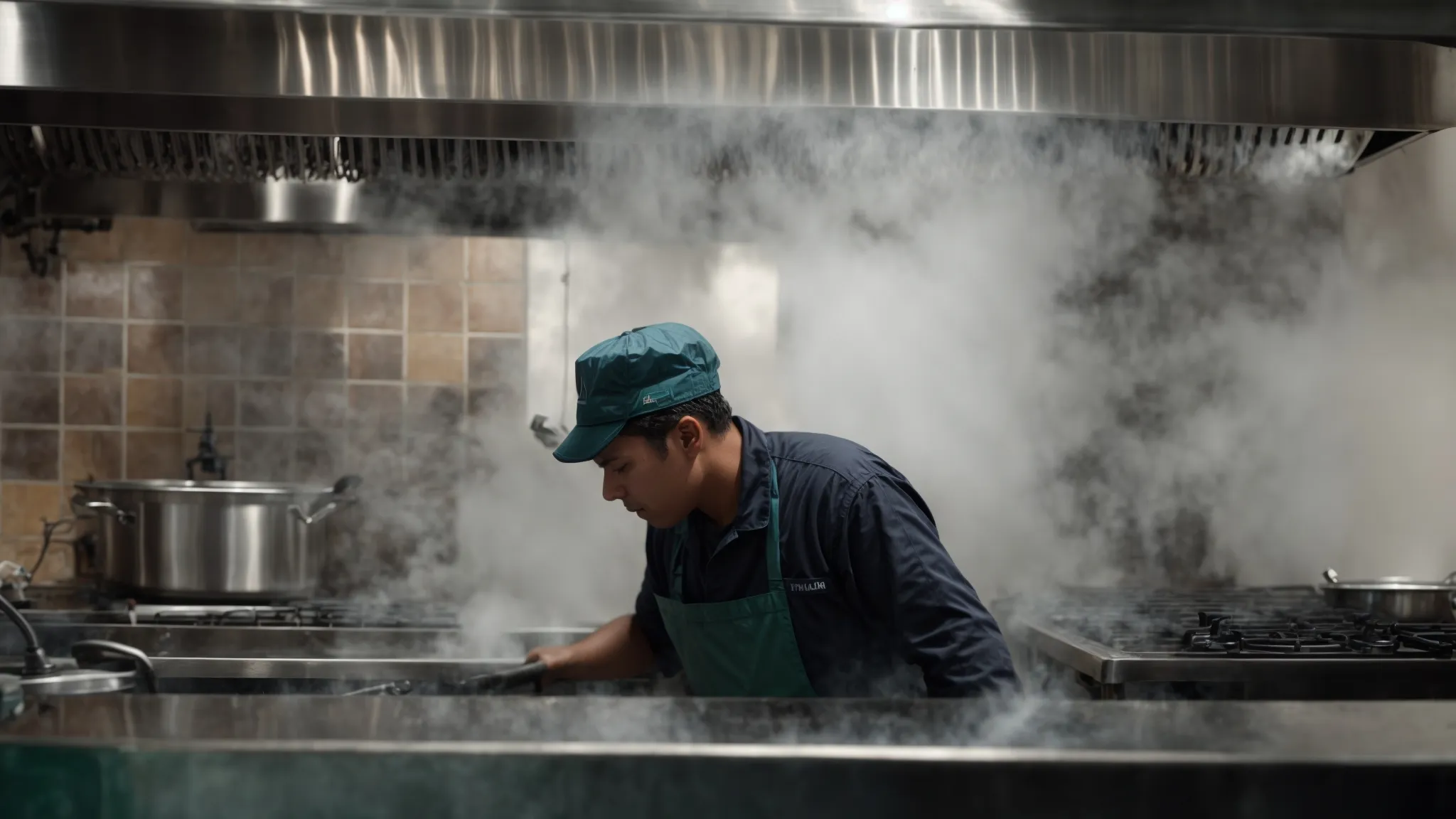 a professional cleaner power-washes the interior of a commercial kitchen hood, steam rising as grime is removed.