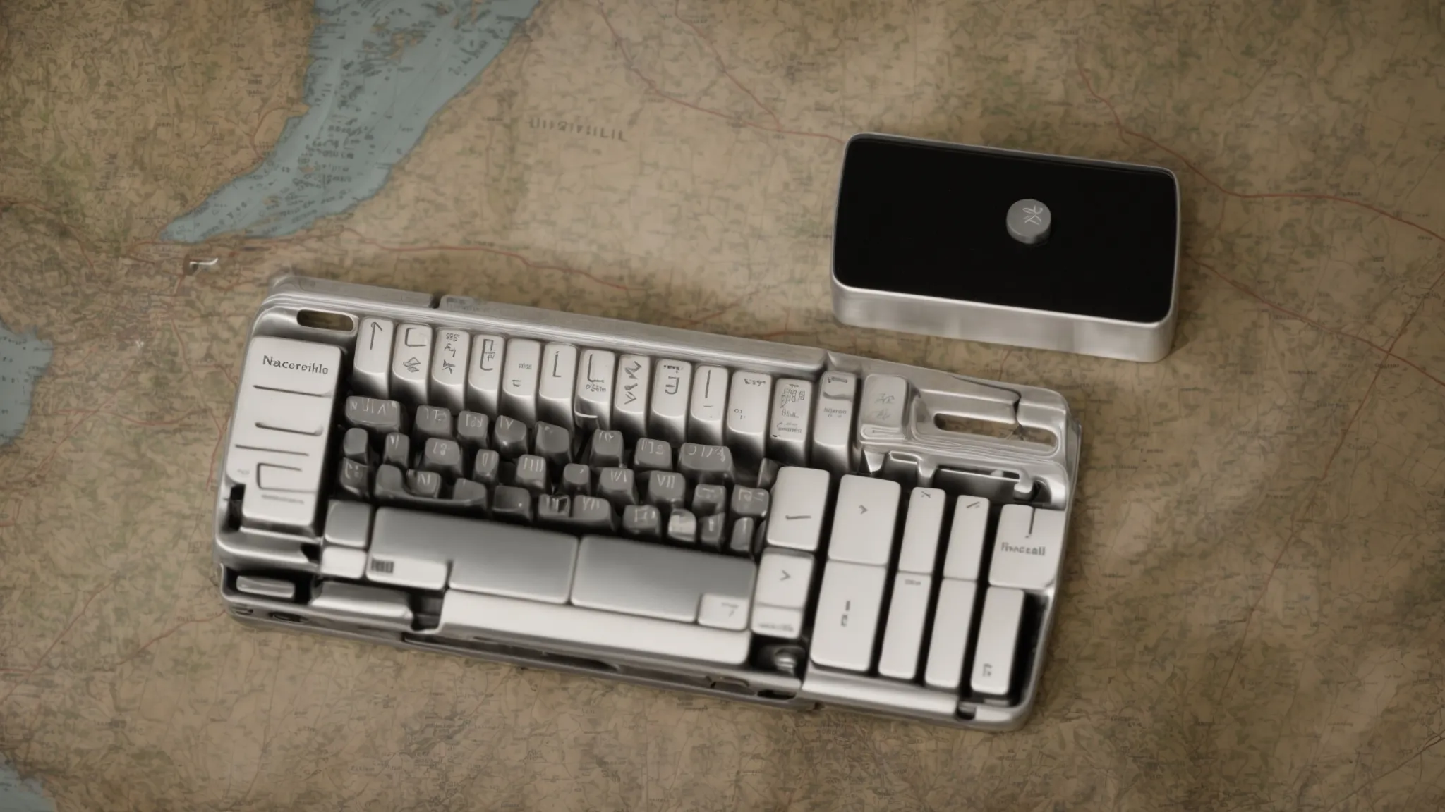 a keyboard and a compass resting on a map, illustrating the strategic journey of niche backlinking in the digital world.